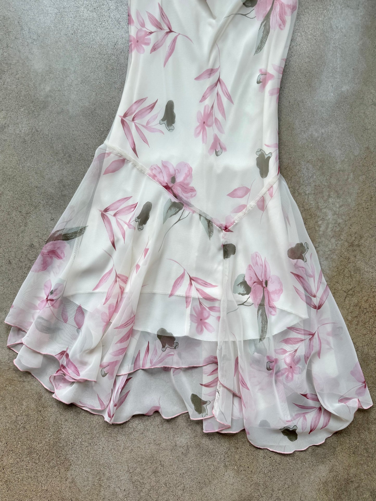 Vintage Y2K White & Pink Floral Print Chiffon Cowl Neck Sleeveless Dress | XS
