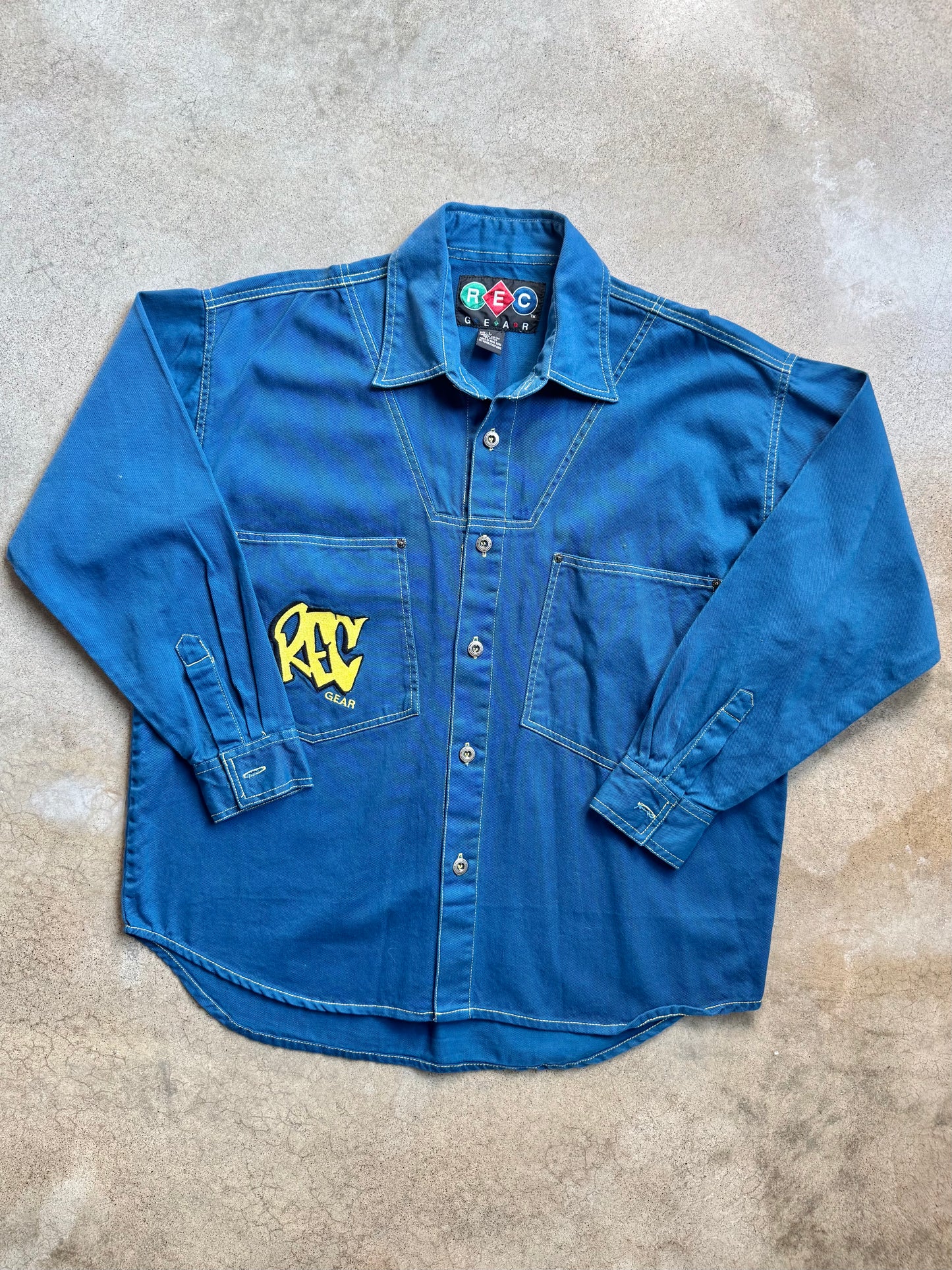 Vintage 1990s Rec Gear Embroidered Blue Button-Up Utility Shirt | Large