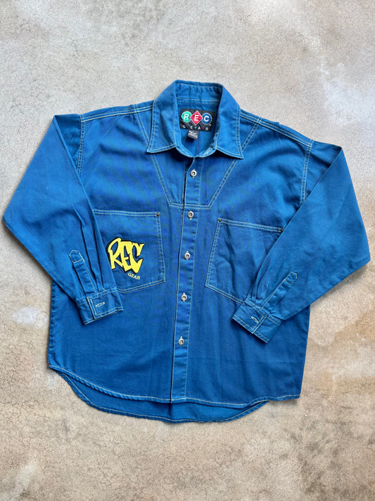 Vintage 1990s Rec Gear Embroidered Blue Button-Up Utility Shirt | Large