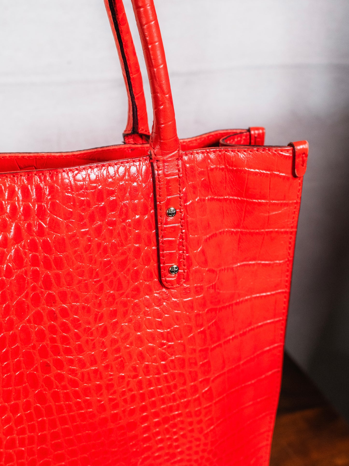 2000s Kate Spade Red Croc Embossed Leather Top Handle Bag