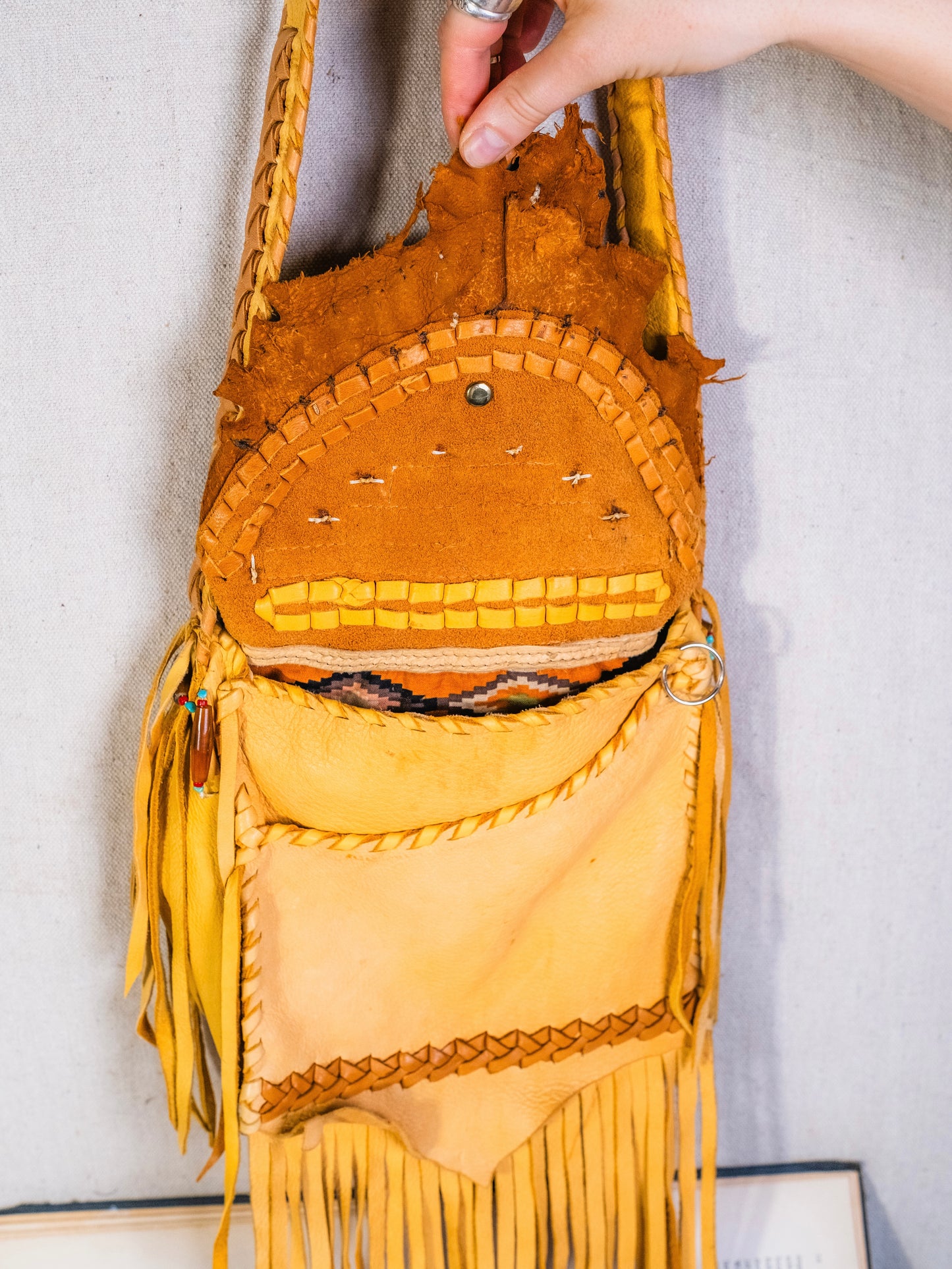 Vintage 1980s Handmade Native American Beaded Deerskin Fringe Satchel Bag
