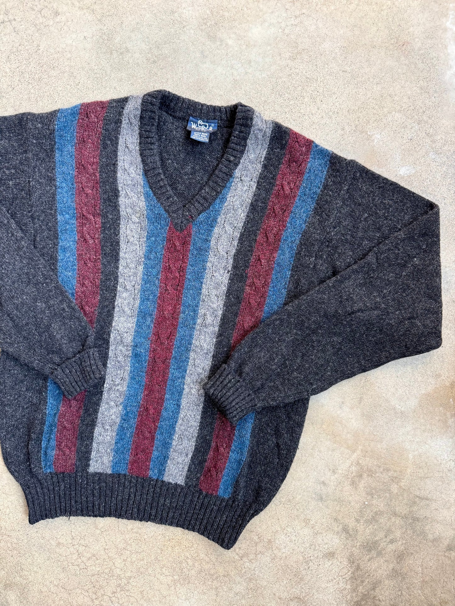 Vintage 1970s Woolrich Striped 100% Wool V-Neck Sweater | Large