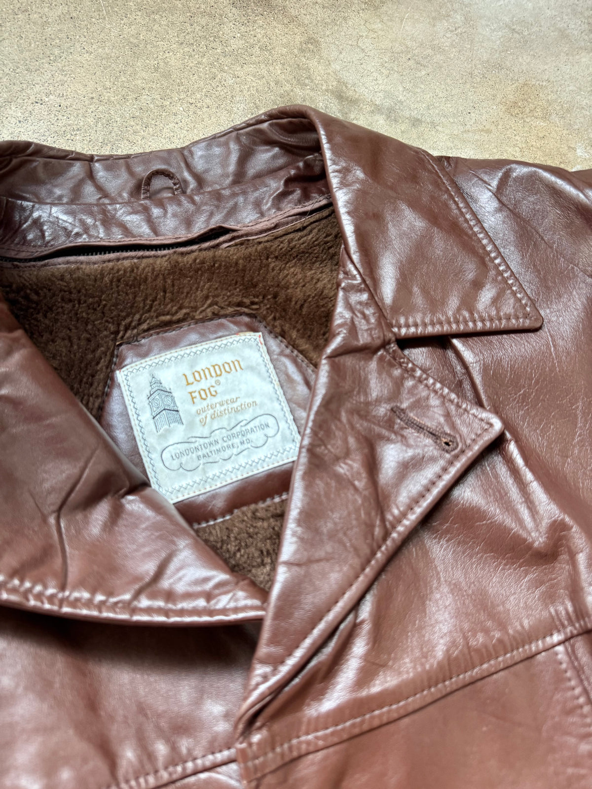 Vintage 1970s London Fog Brown Faux Fur Lined Leather Jacket | 46R