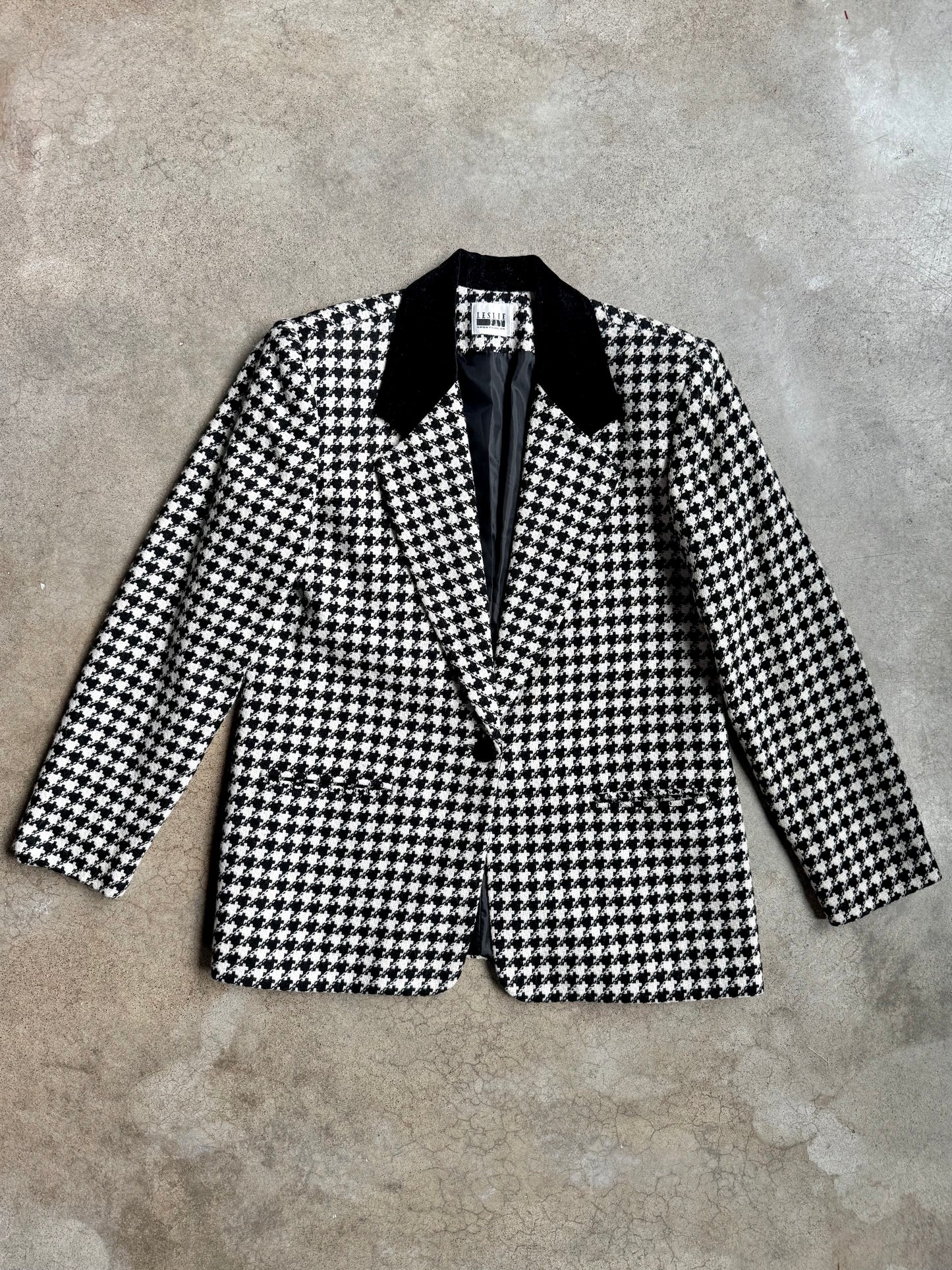 Vintage 1990s Leslie Fay Black Velvet Trim Houndstooth Wool Blazer | M/L