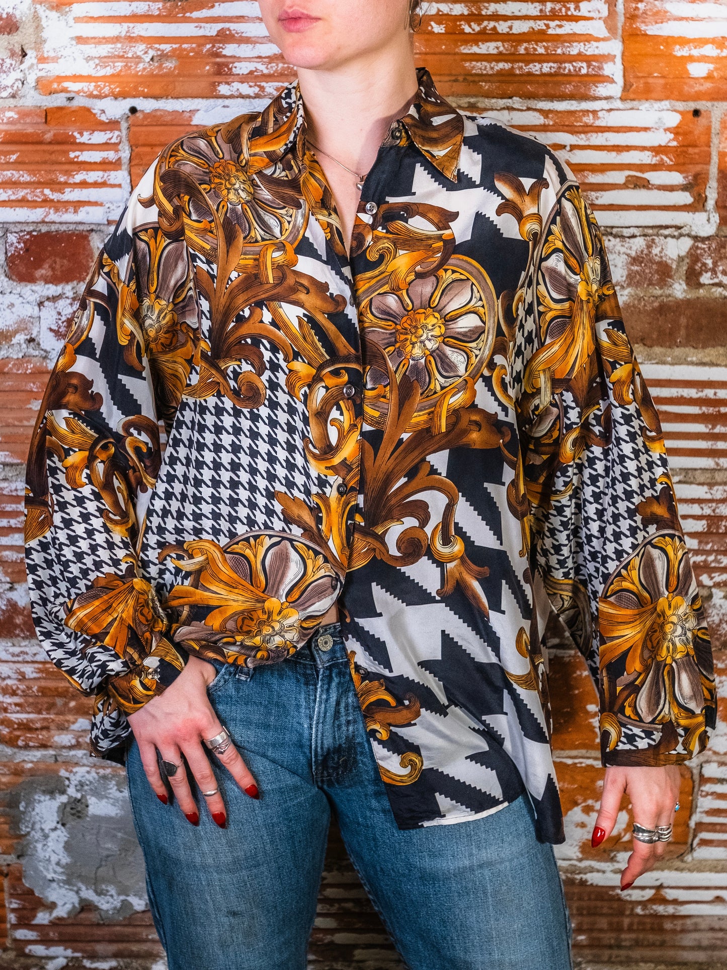 Vintage 1980s/90s Express Baroque Houndstooth Printed Silk Blouse | Medium