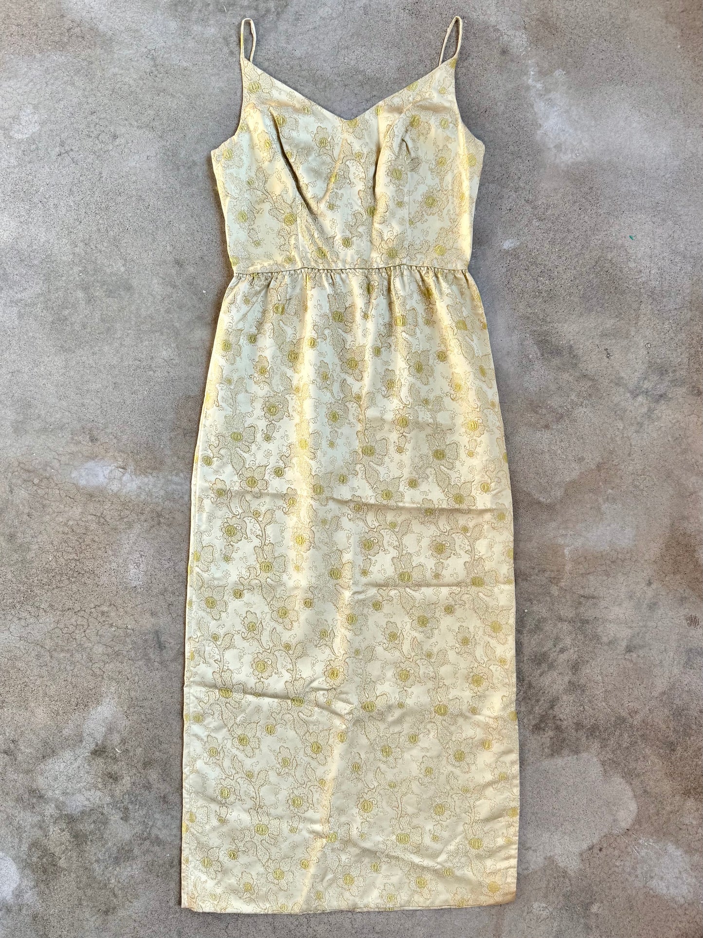 Vintage 1960s Gold Metallic Floral Jacquard Formal Dress | Medium