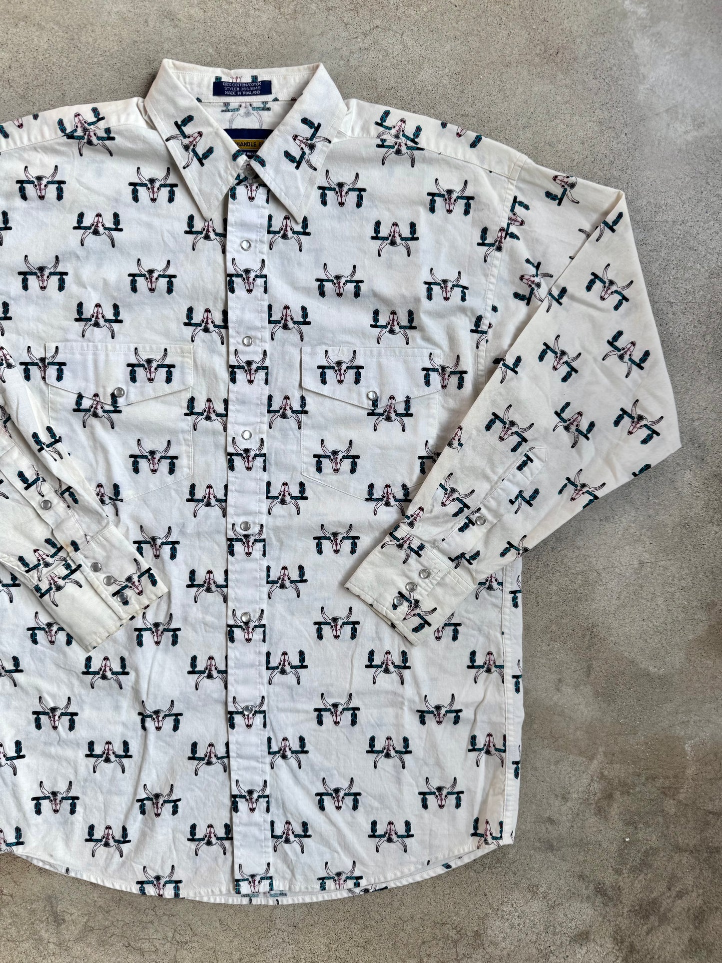Vintage 1980s Panhandle Slim Western Bull Skull Pearl Snap Shirt | Medium