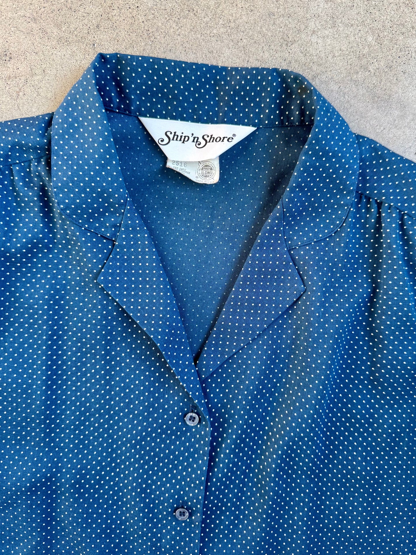Vintage 1970s Ship'n Shore Blue & White Polka Dot Short Sleeve Blouse | S/M