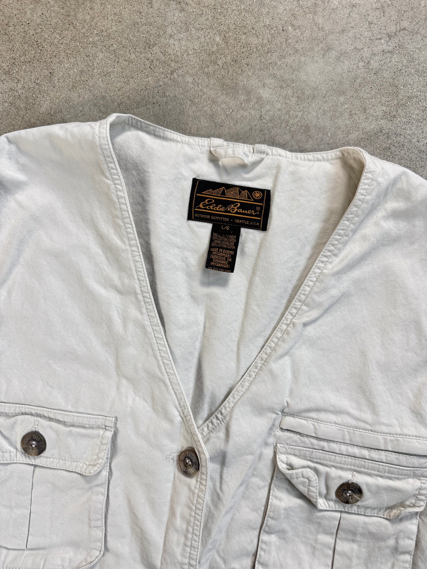 Vintage 1990s Eddie Bauer Beige Cotton Utility Cargo Vest | Large