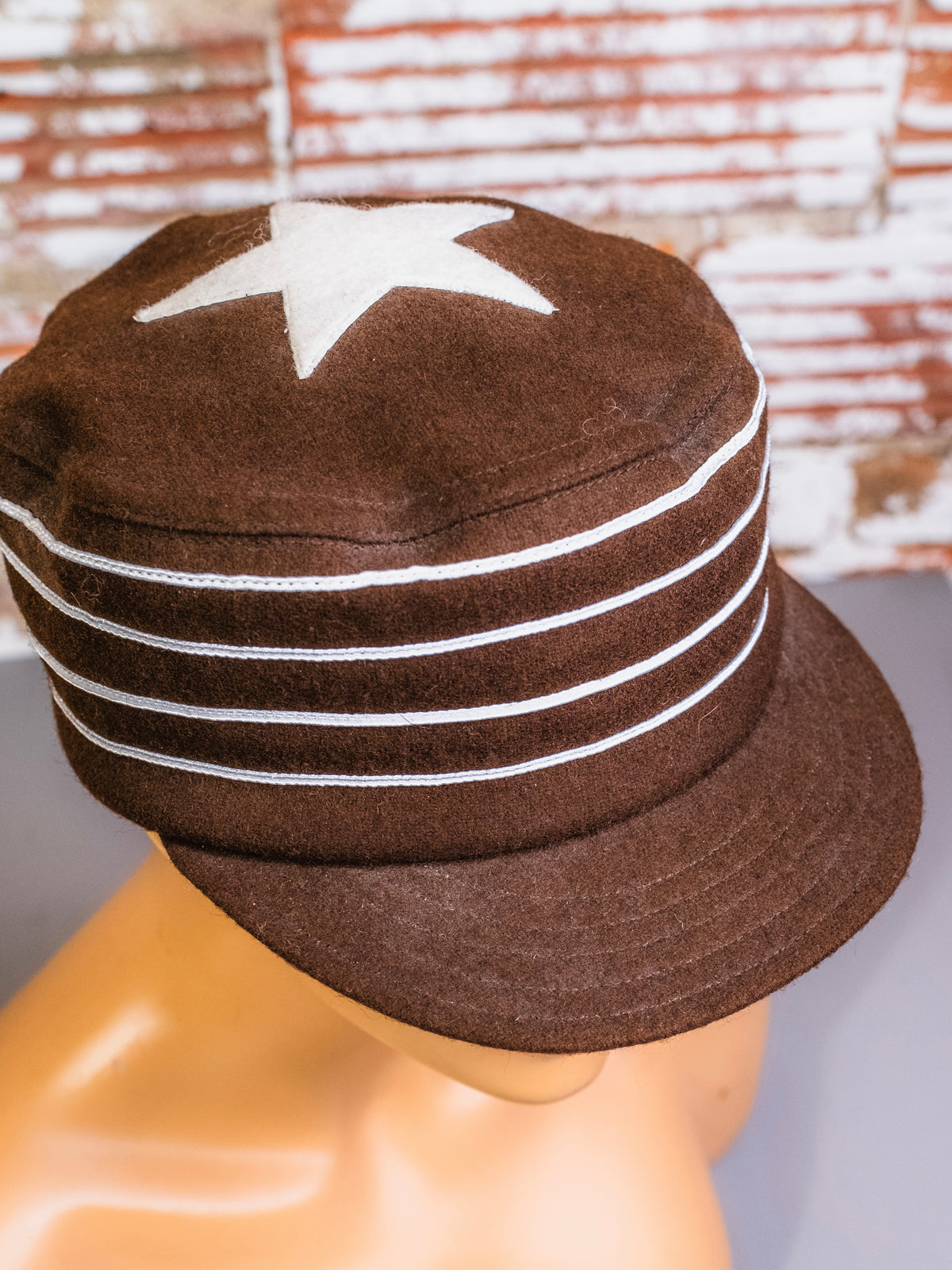Vintage-Style Stockbridge Sewing Works Brown Felted Star & Striped Pillbox Cap