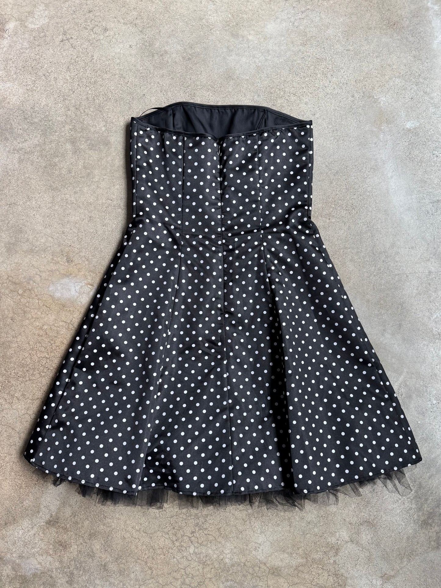 2000s Betsy & Adam Polka Dot Satin Strapless Mini Dress | S/M