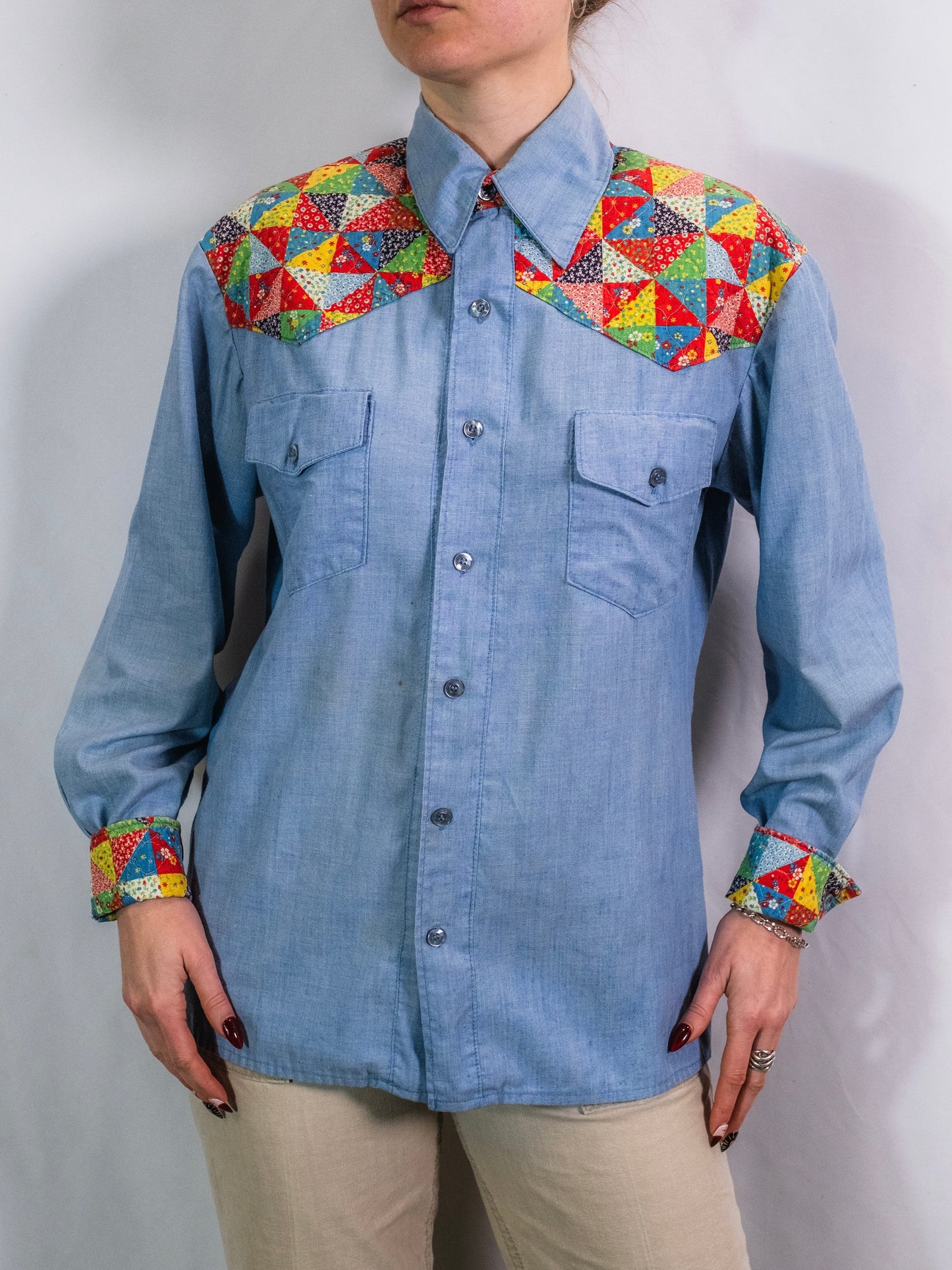 Vintage 1960s Handmade Quilted Patchwork Chambray Button-Up Shirt | Medium