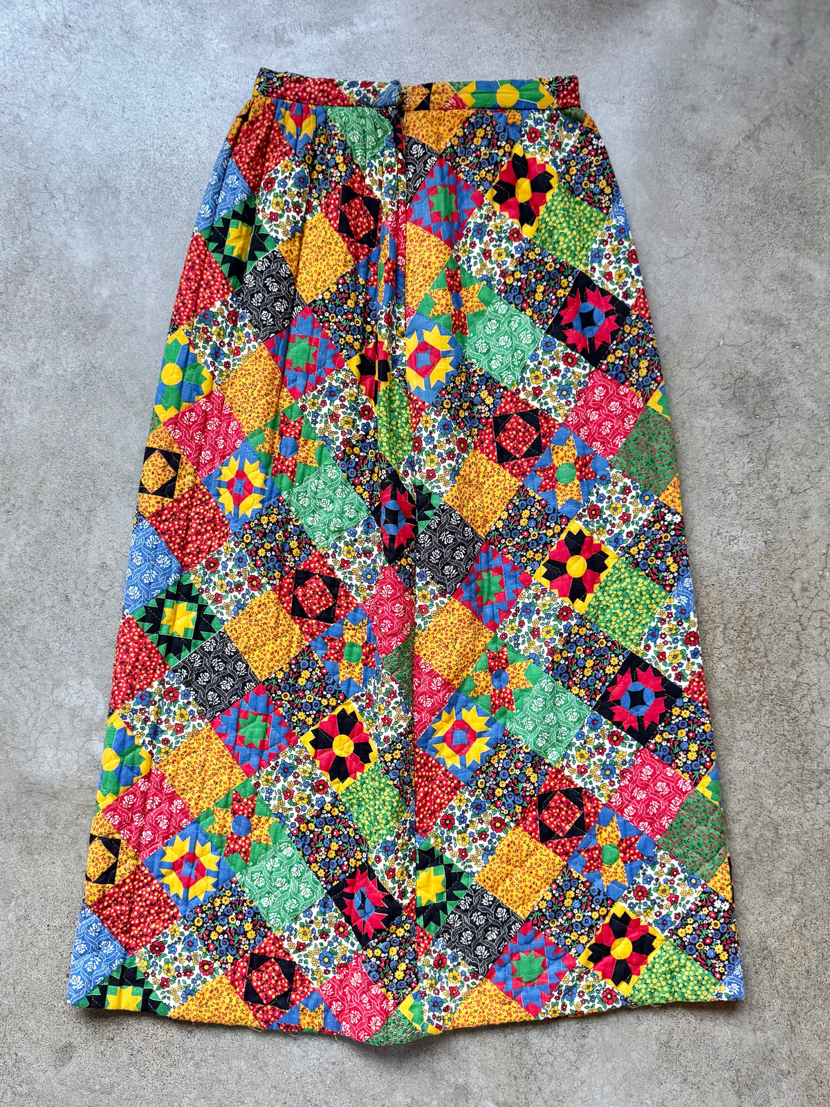 Vintage 1960s Handmade Patchwork Quilted Maxi Skirt | Waist 28”