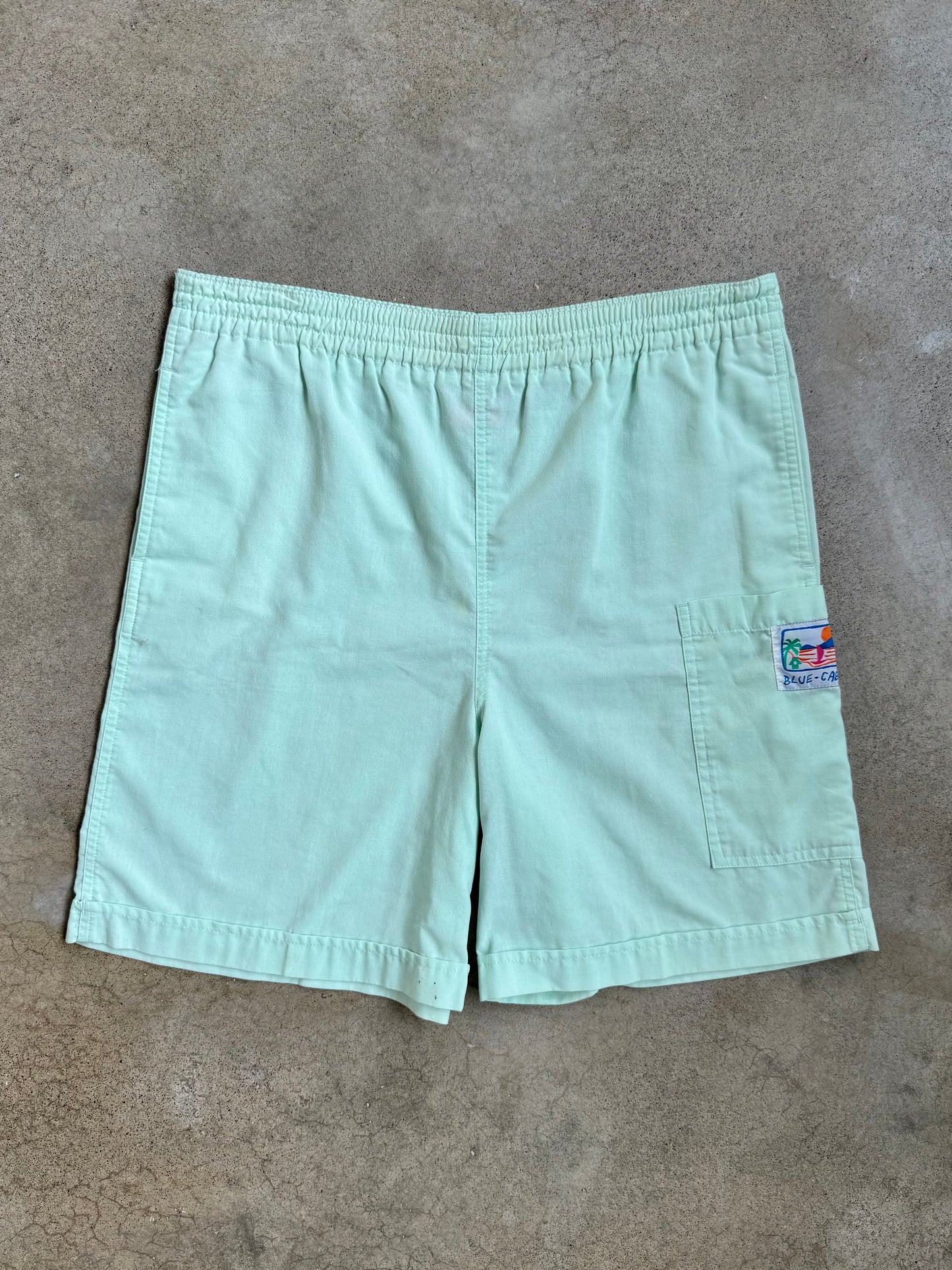 Vintage 1990s Blue Cabana Pastel Green Beach Shorts | Medium