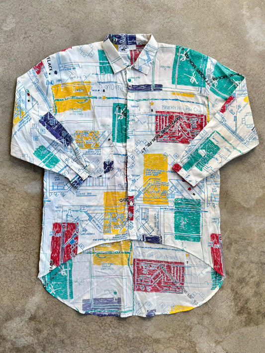 Vintage 1980s Beverly Hills Polo Club Retro Blueprint Collared Shirt | Medium