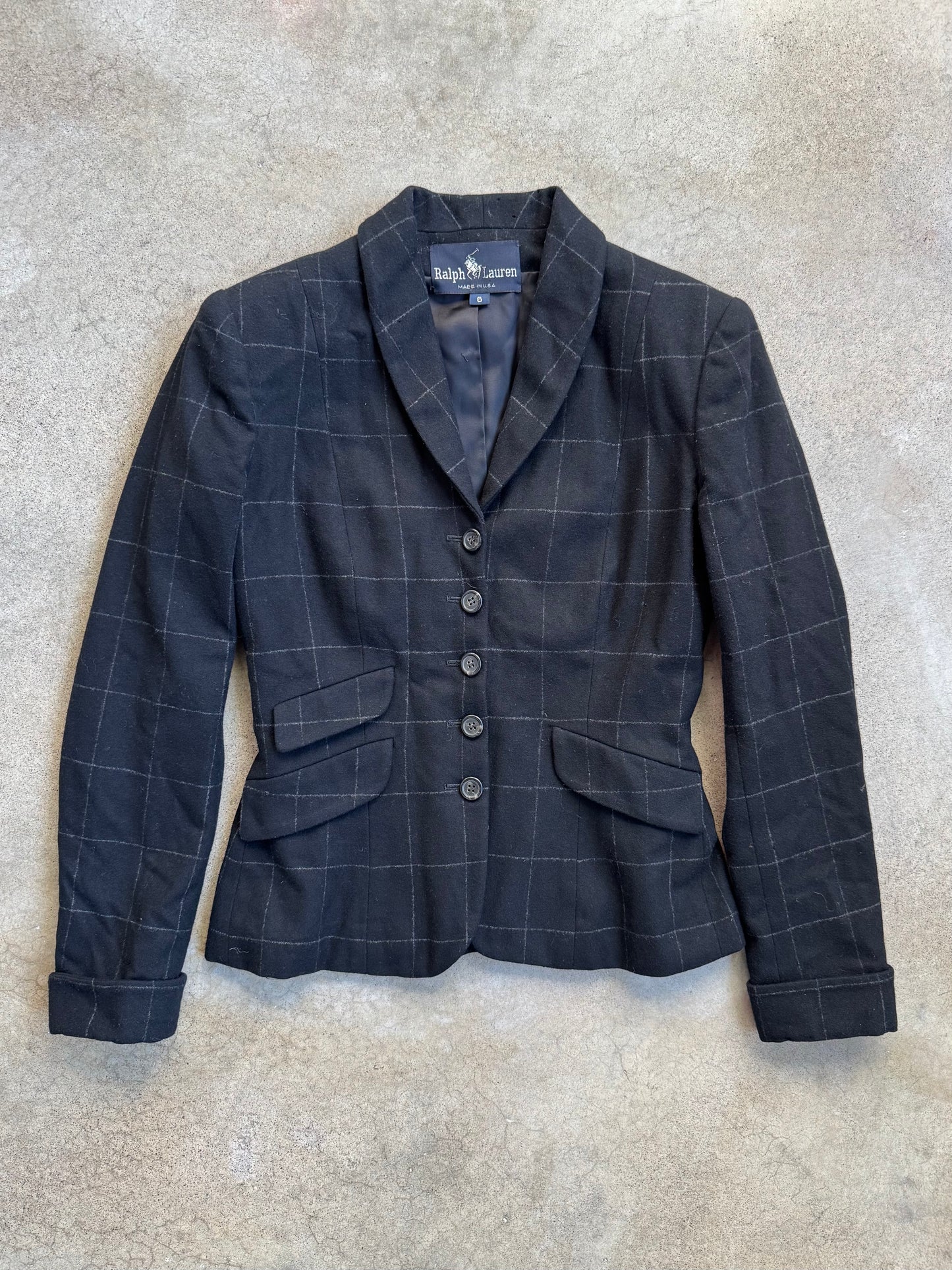 Vintage 1990s Ralph Lauren Black Check Pattern Wool & Cashmere Two-Piece Suit | Women’s 6