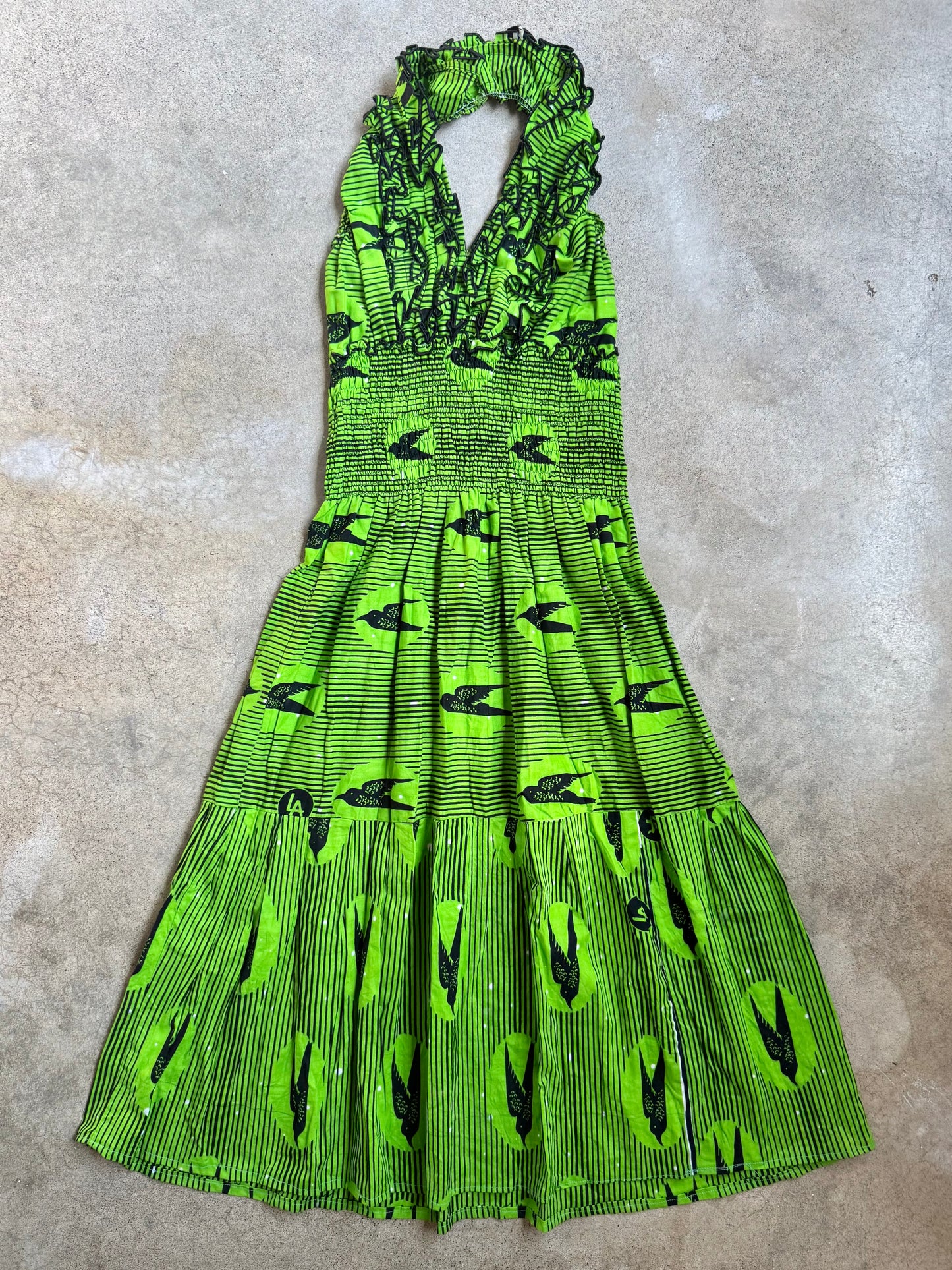 Vintage 1980s Handmade Green & Black Bird Pattern Halter Dress | Small