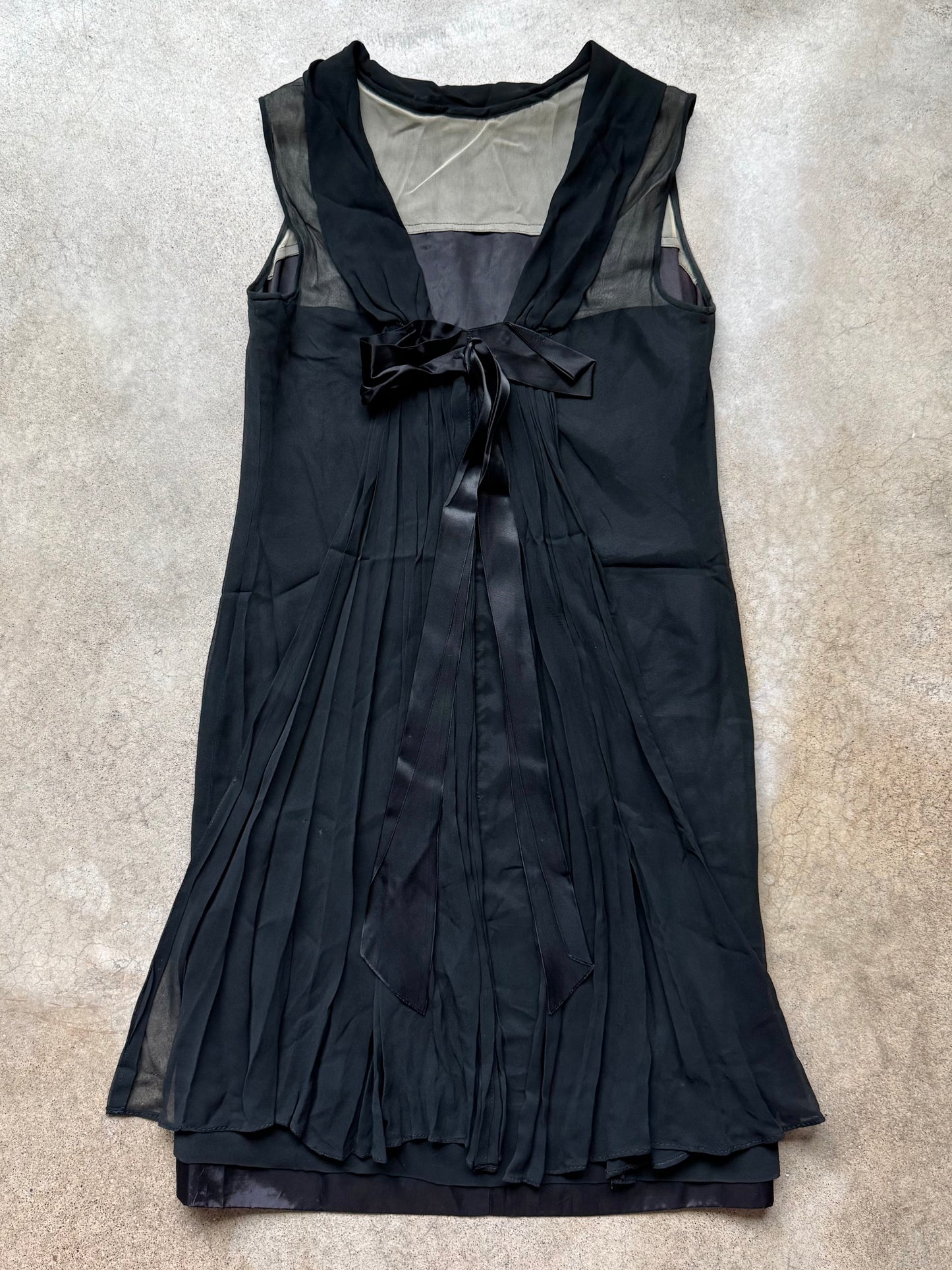 Vintage 1960s R&K Originals Black Sheer High-Neck Pleated Bow-Back Formal Sheath Dress | S/M