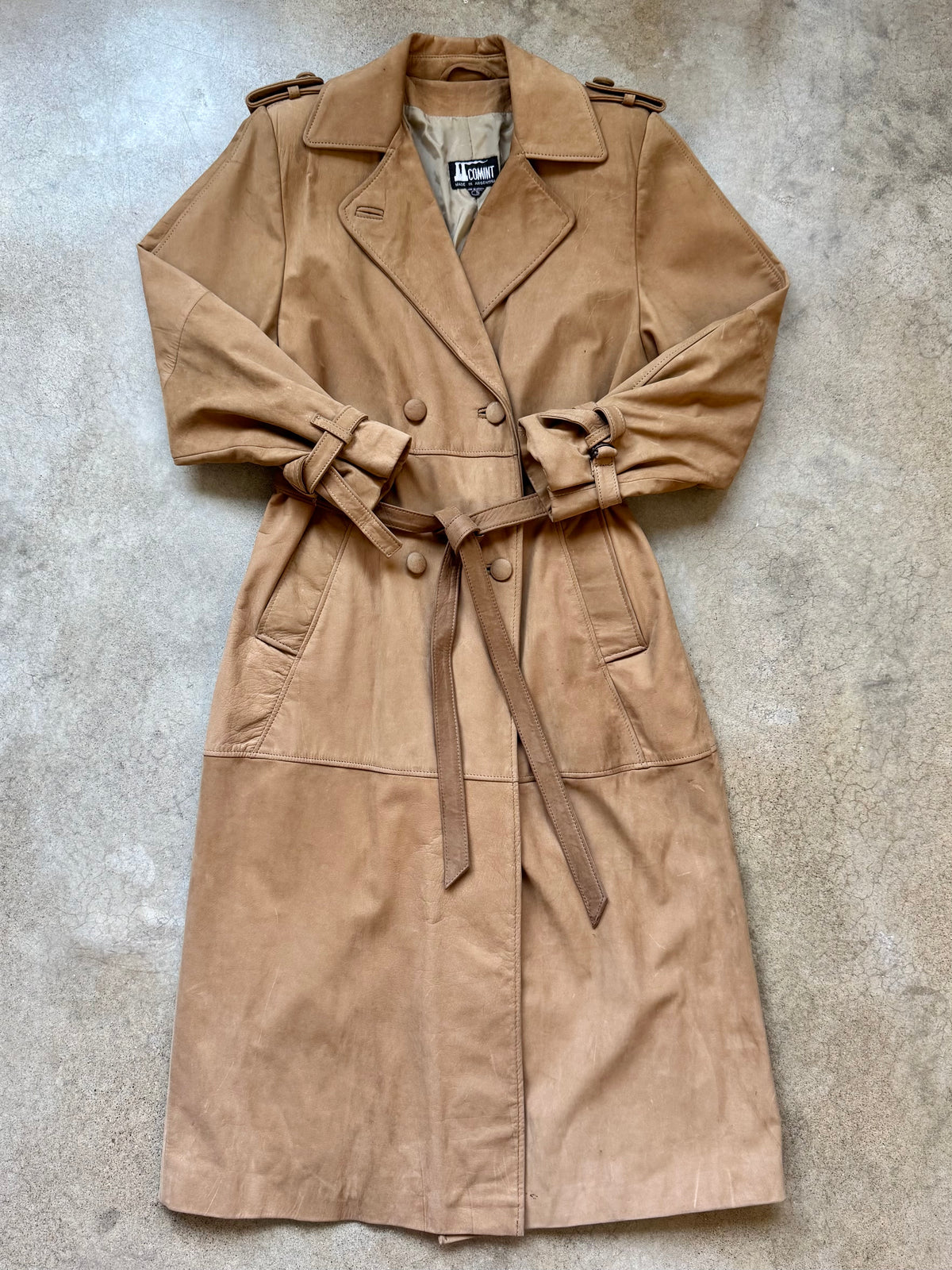 Vintage Comint Tan Suede Leather Belted Trench Coat | Small