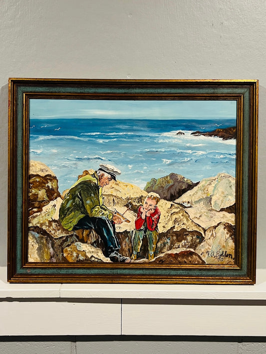 Vintage Framed Sailor & Boy Seascape Oil Painting | Signed