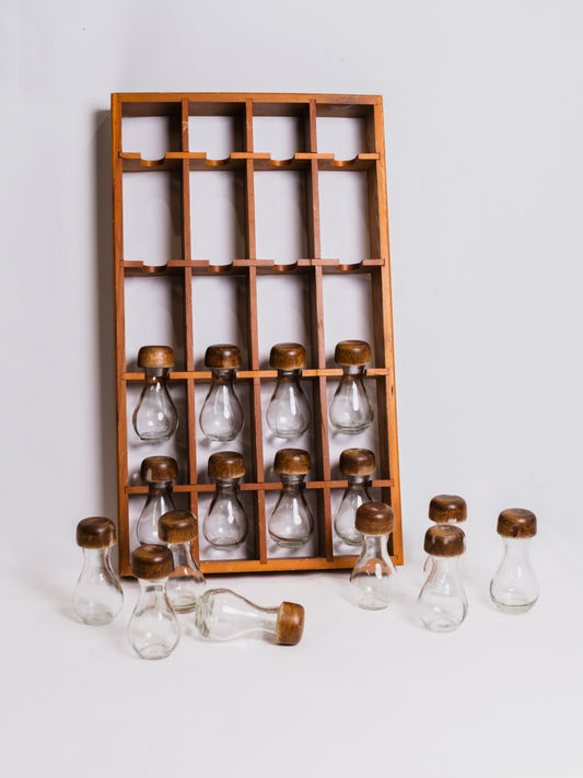 Vintage 1950s MCM Wood Spice Rack w/ Glass Spice Jars | Full Set