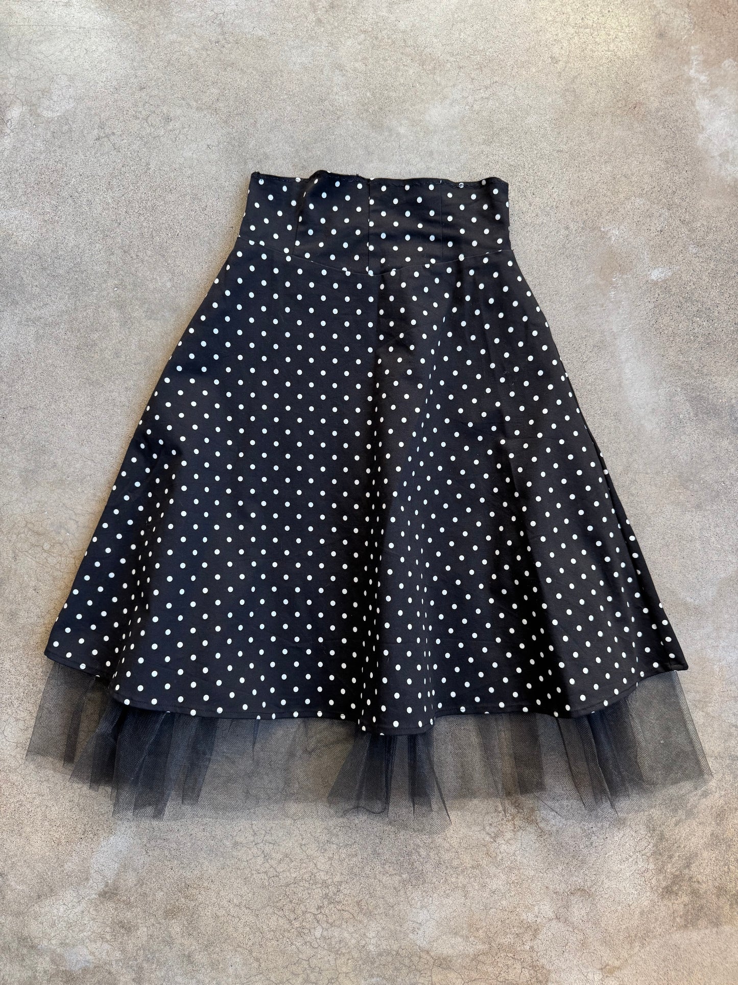 Vintage 1980s Handmade Black & White Polka Dot Tulle Trim Skirt | Small