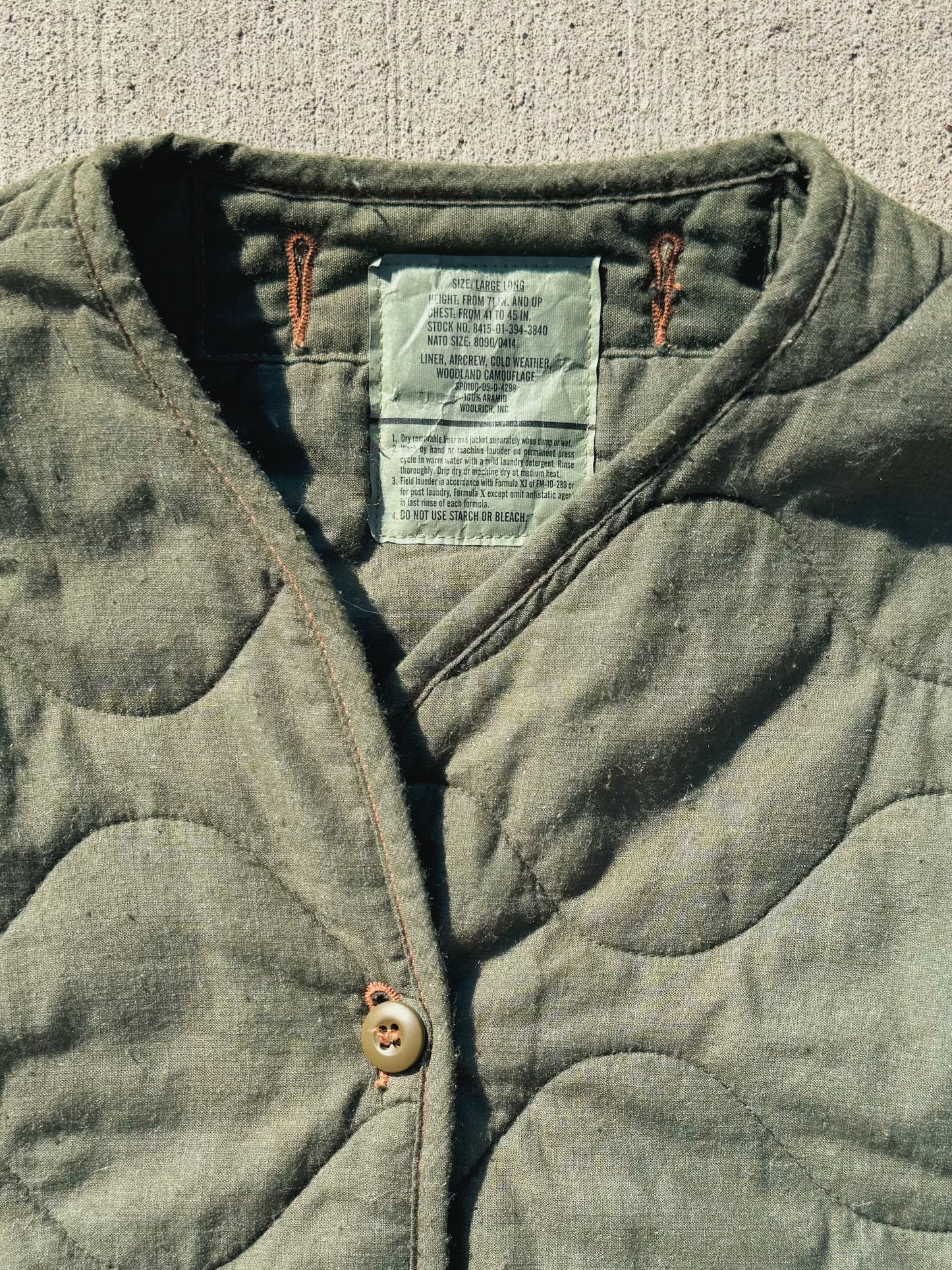 Vintage Military Woolrich Green Quilted Jacket Liner | Large