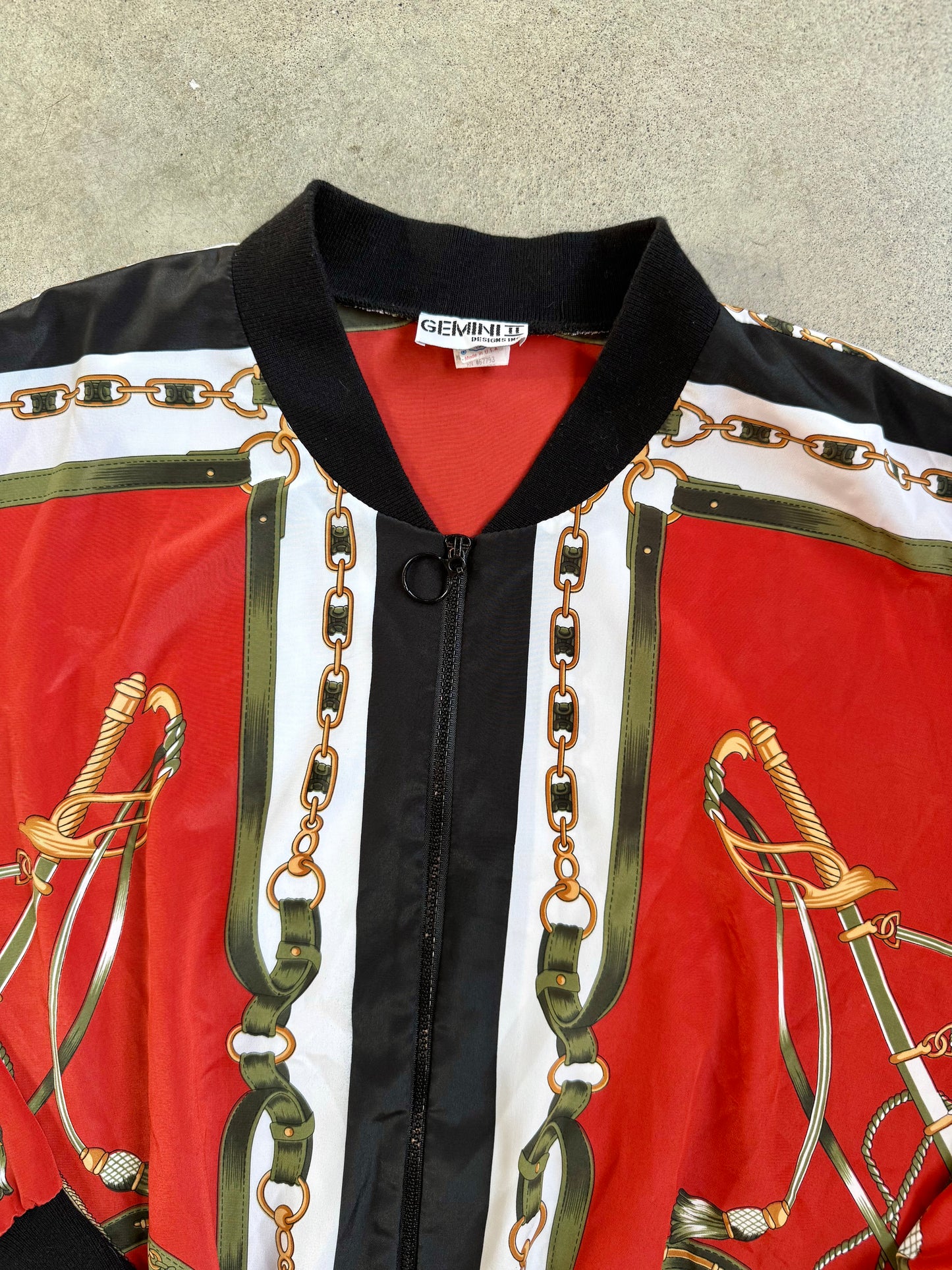 Vintage 1980s Gemini II Baroque Gold Chain Zip-Up Bomber Jacket | 3XL