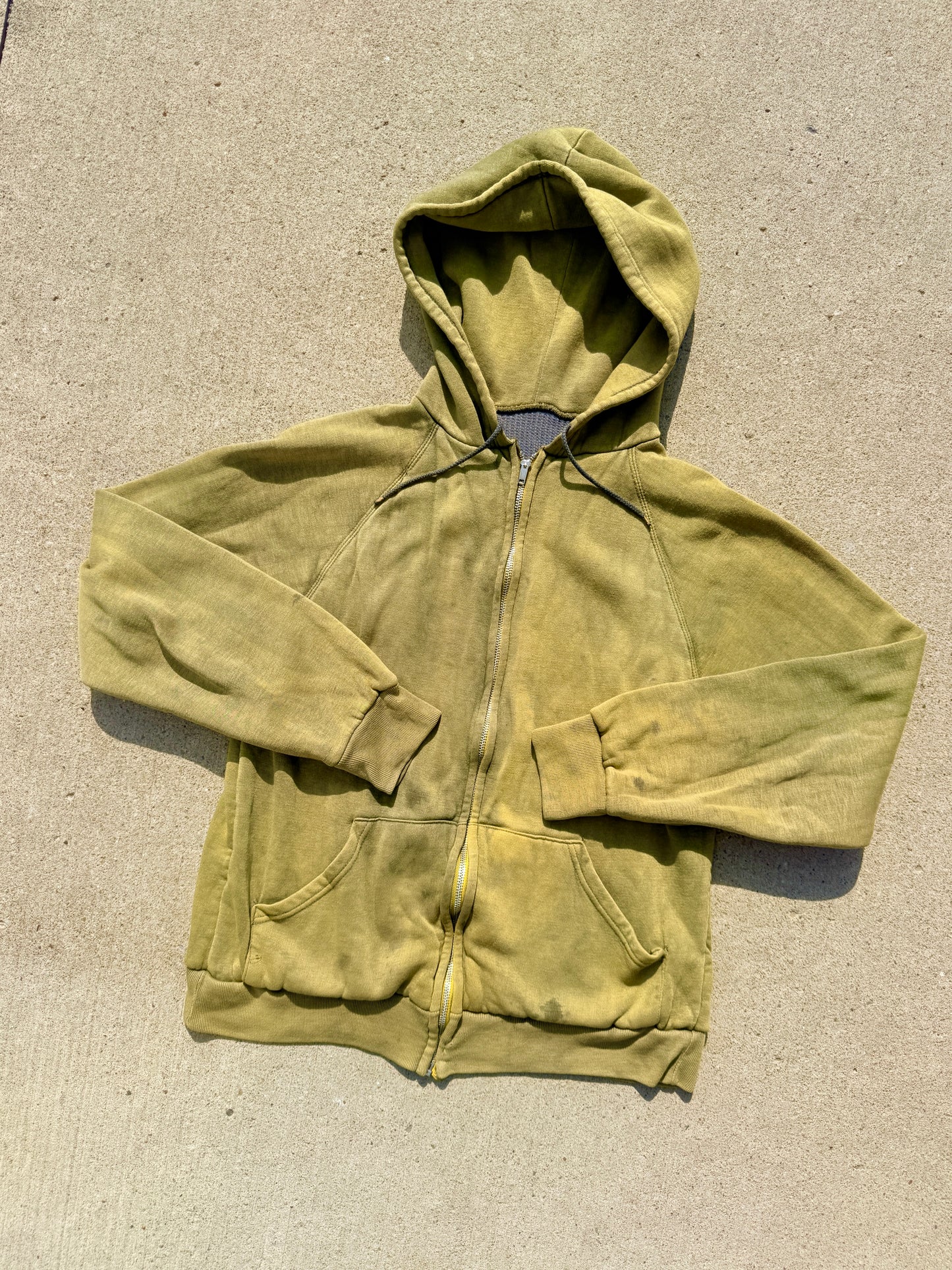 Vintage 1960s Distressed Green Thermal Lined Hooded Zip-Up Sweatshirt | Medium