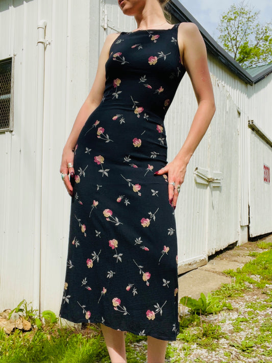 Vintage 1990s Helene Blake Floral Square Neck Midi Dress | XS/S