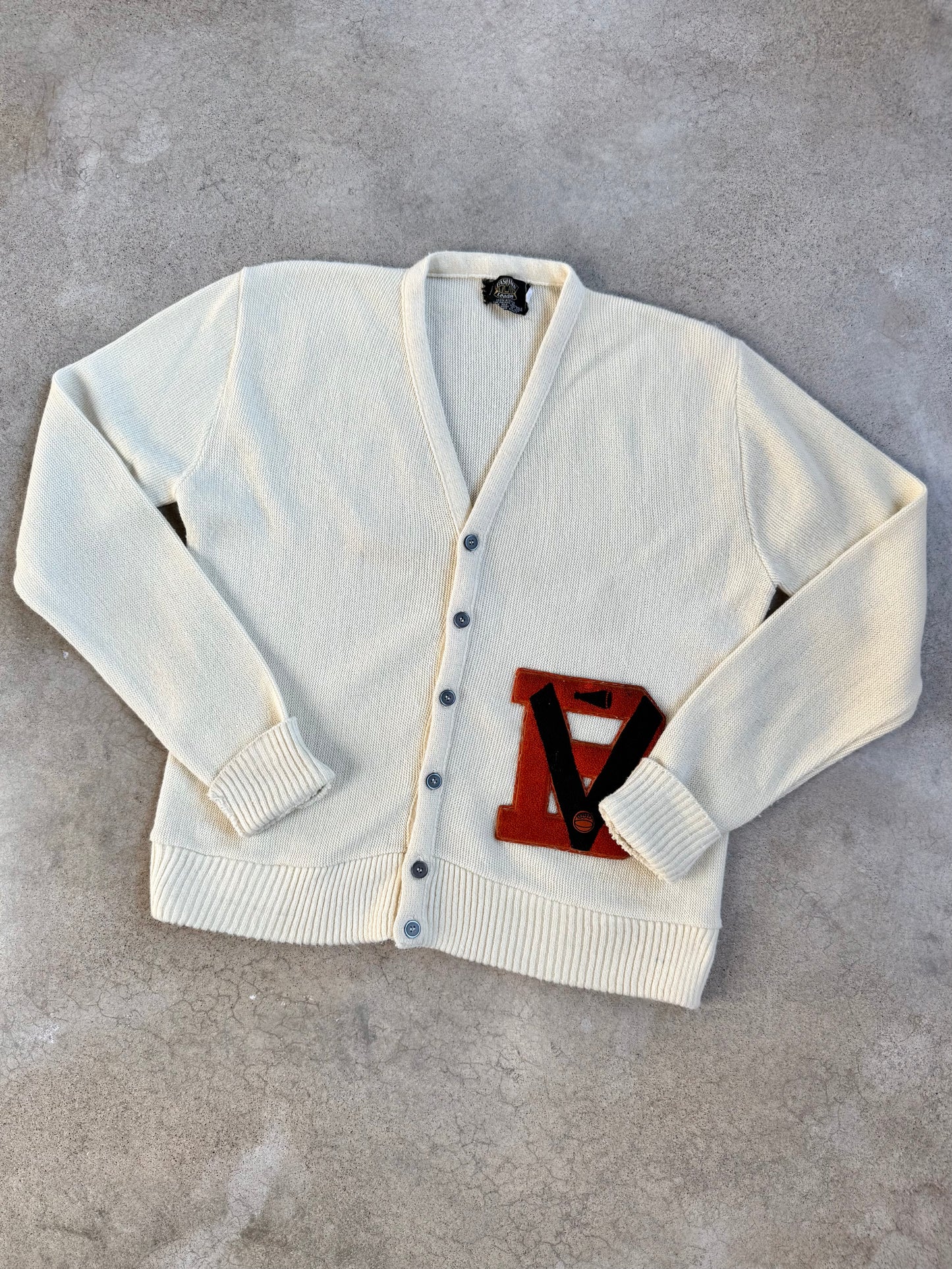 Vintage 1970s Fashion Leader Cream “B” Varsity Patch Letterman Sweater | Medium