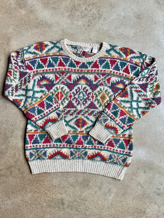Vintage 1990s Northern Isles Multi-Pattern Cotton Hand-Knit Sweater | Large