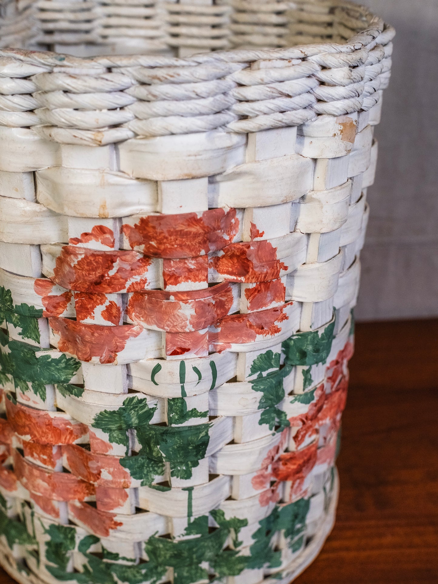 Vintage Floral Painted Splint Woven Waste Basket