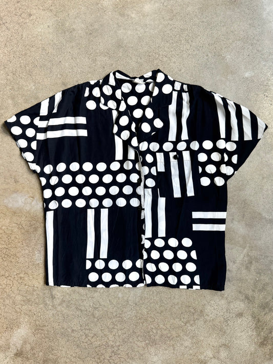 Vintage 1980s Black & White Geometric Polka Dot Blouse | S/M