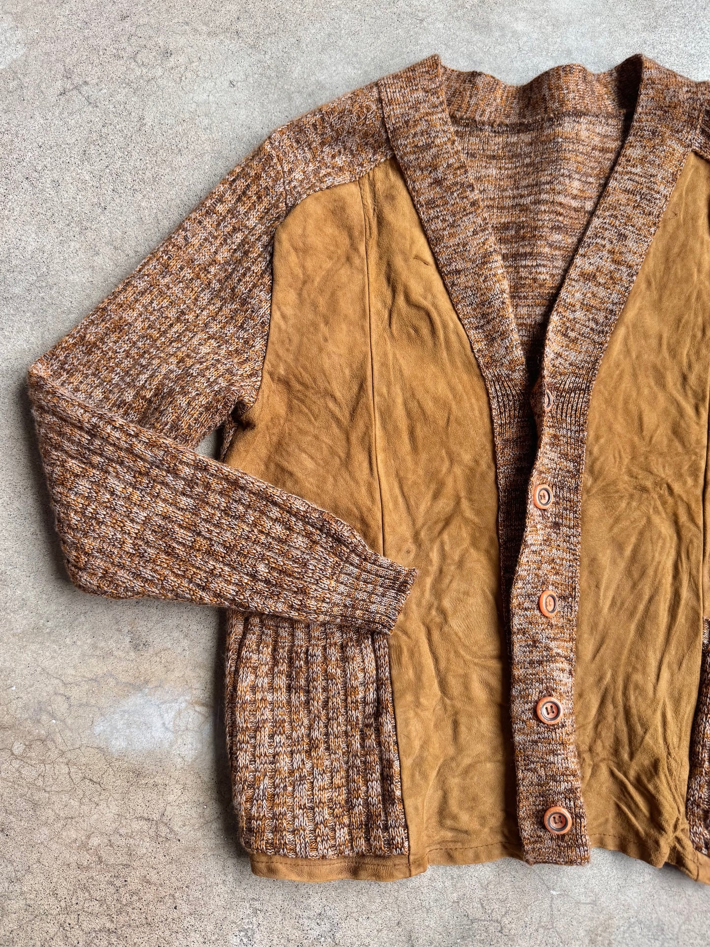 Vintage 1960s Brown Marled Wool & Suede Leather Cardigan | Medium