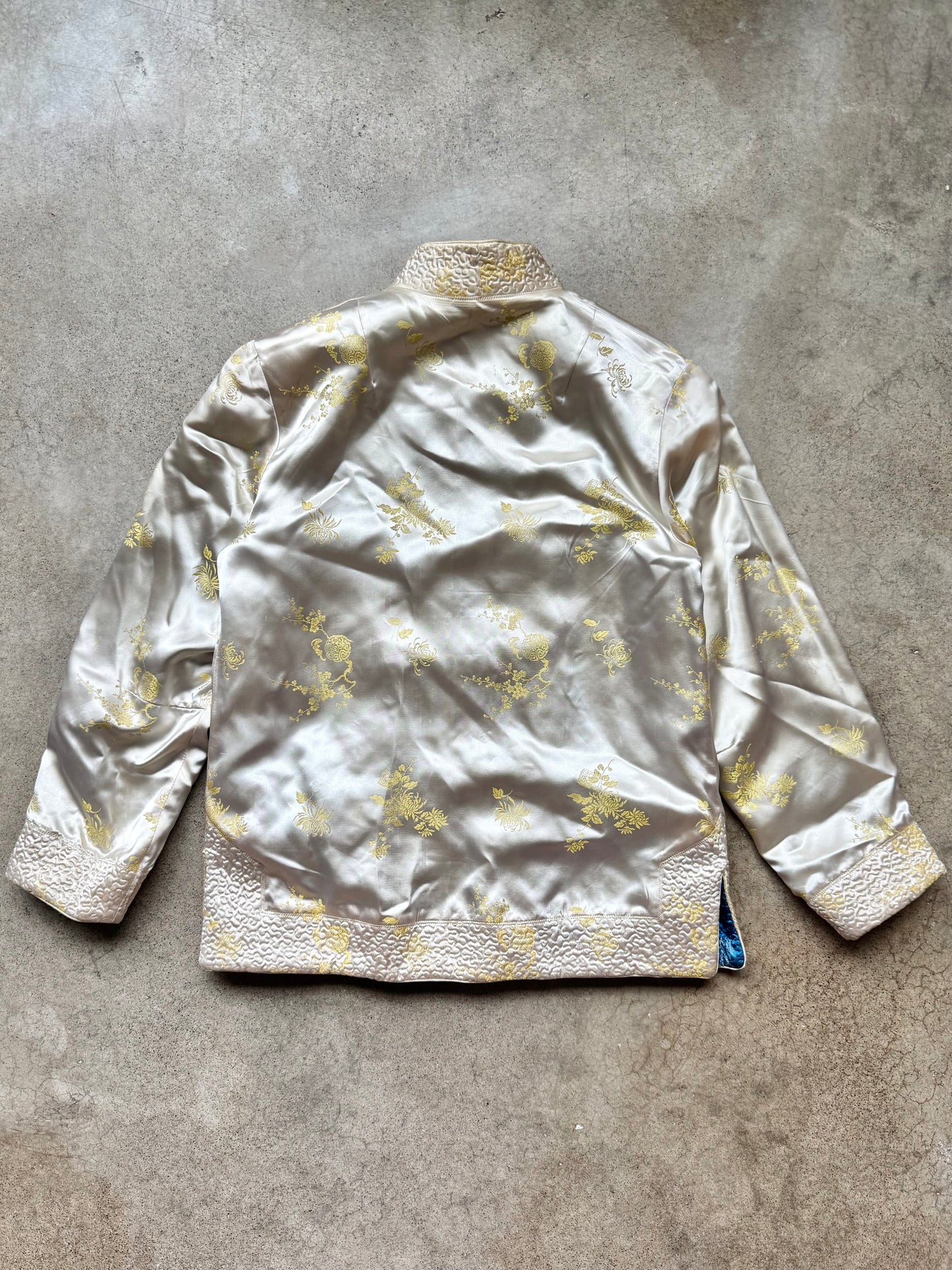 Vintage 1960s Silver Lake Chinese Reversible Satin Floral Jacquard Quilted Jacket | Medium