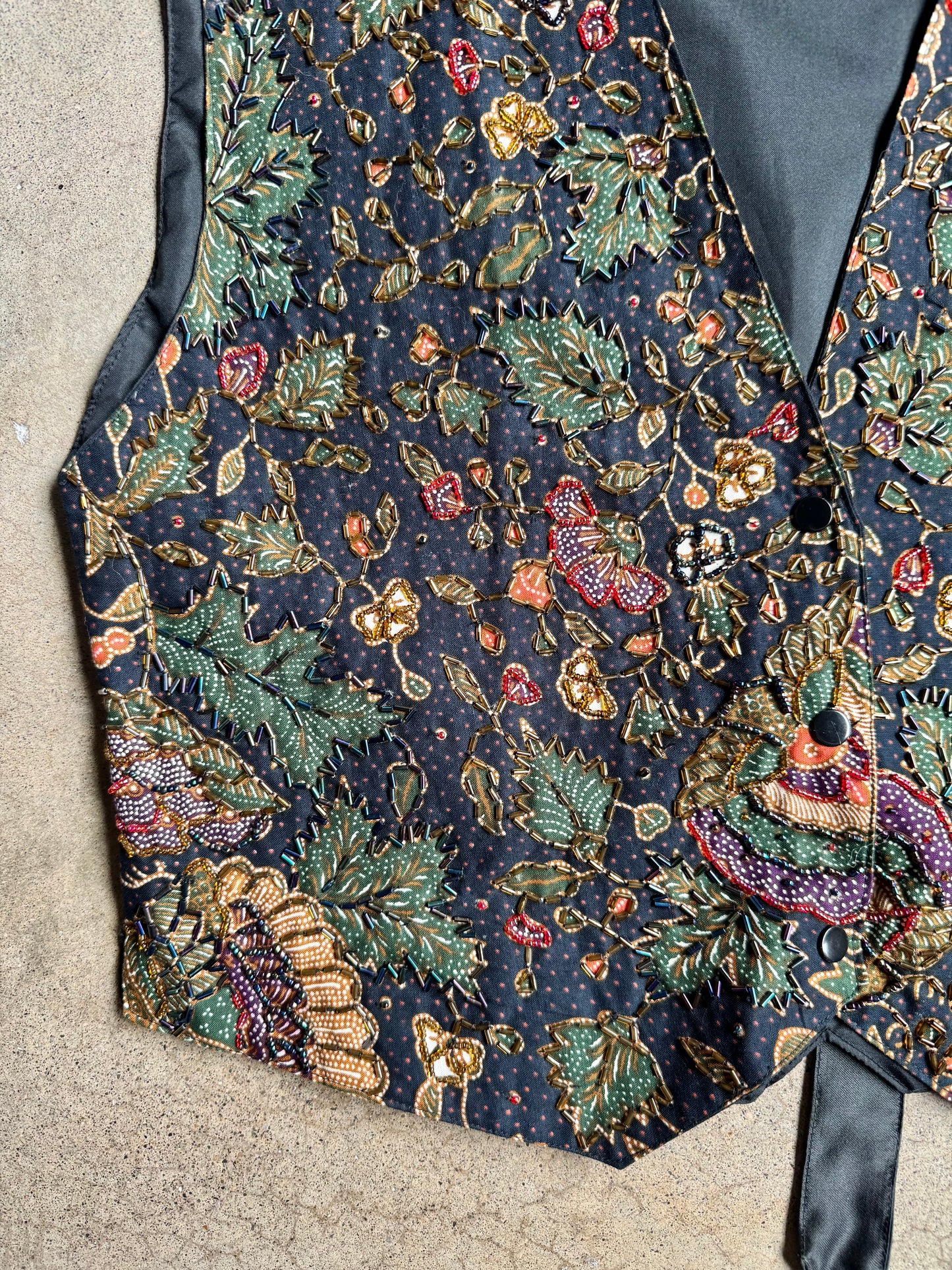 Vintage 1980s Match-Up's Floral Beaded Cotton Batik Vest | M/L