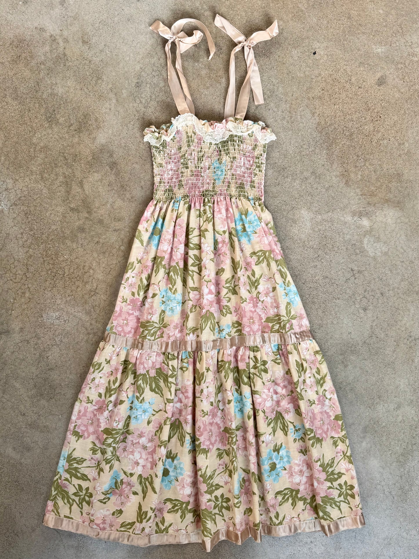 Vintage Pastel Floral Smocked Ribbon Strap Summer Dress | XS