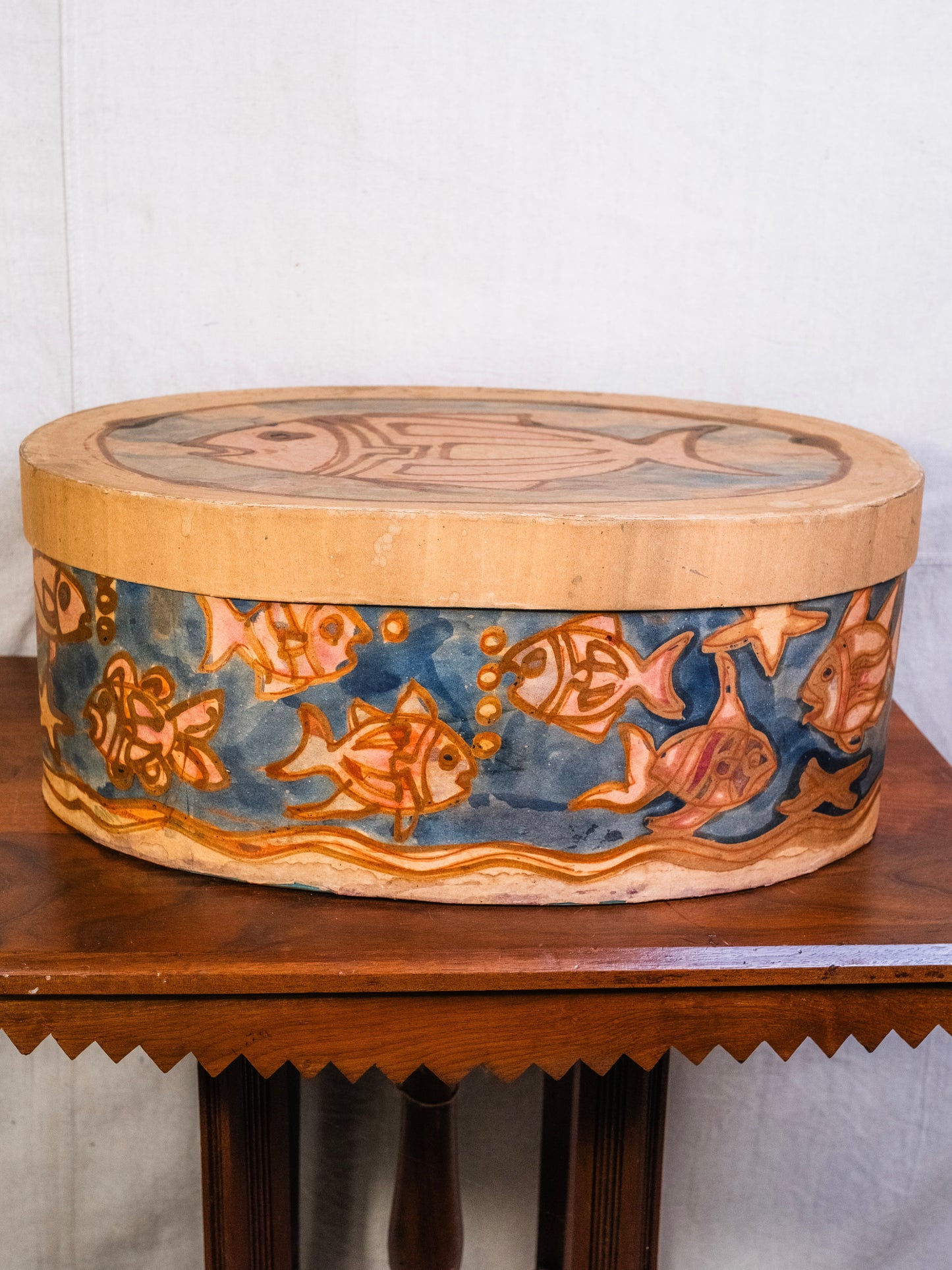 Vintage Folk Art Fish Hand-Painted Large Oval Box