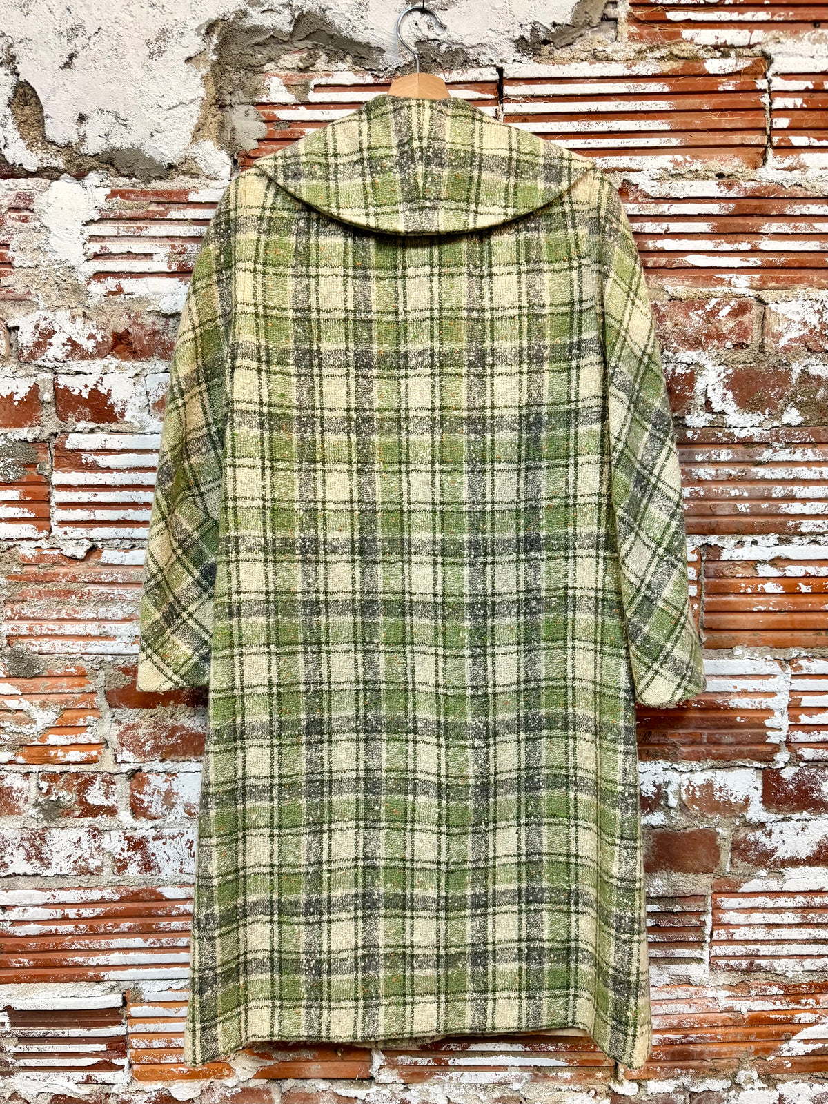 Vintage 1960s Betty Rose Green Plaid Wool Tweed Overcoat | S/M