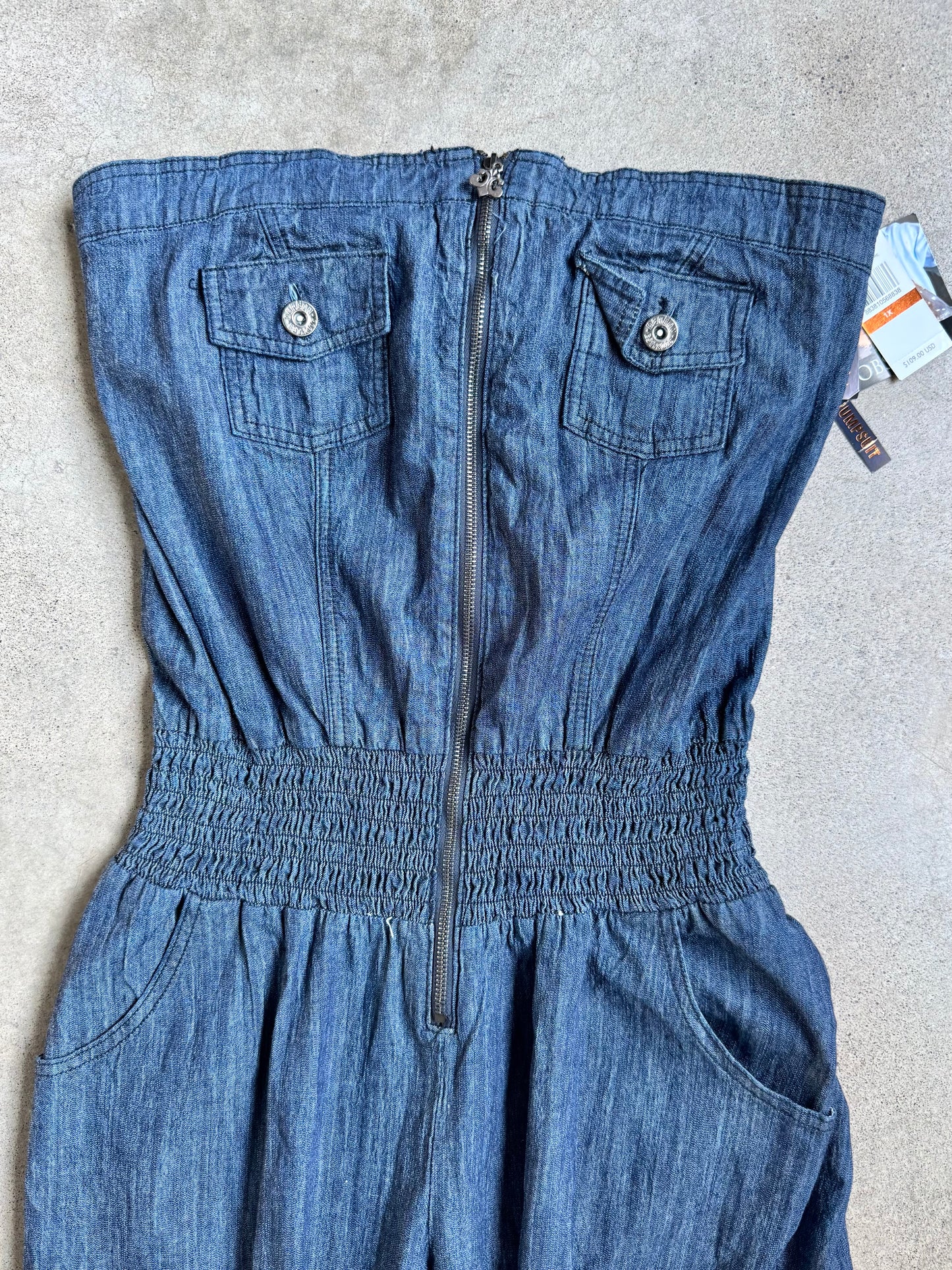 2000s Deréon Zip-Front Strapless Utility-Style Denim Jumpsuit | 1X