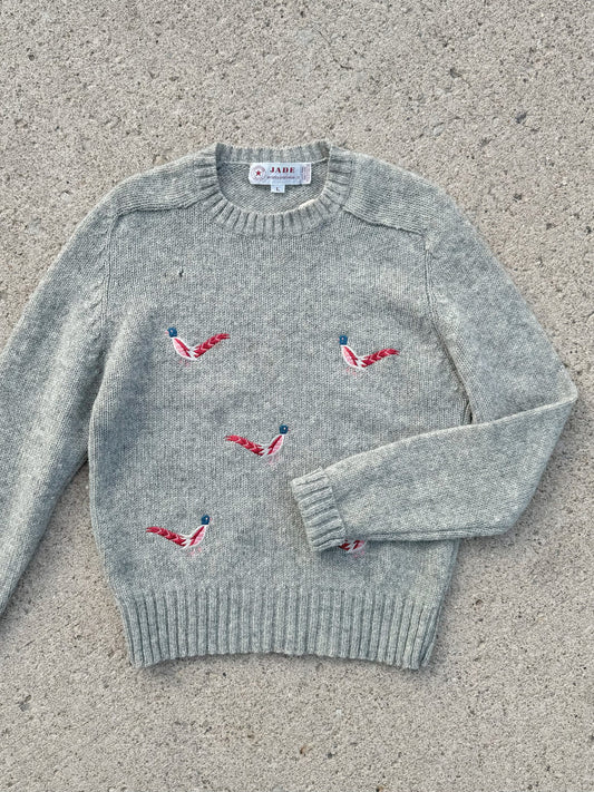 Vintage Jade Grey Embroidered Pheasant Wool Sweater | Large