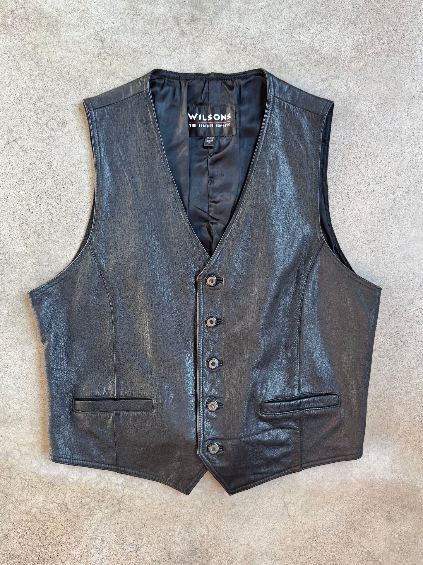 Vintage 1990s Wilson’s Black Leather Vest | XL