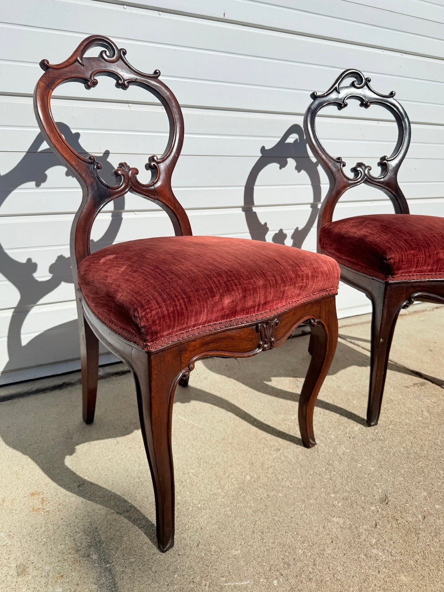 Antique 1900s Red Velvet Carved Rosewood Balloon Back Chairs | Set of 2
