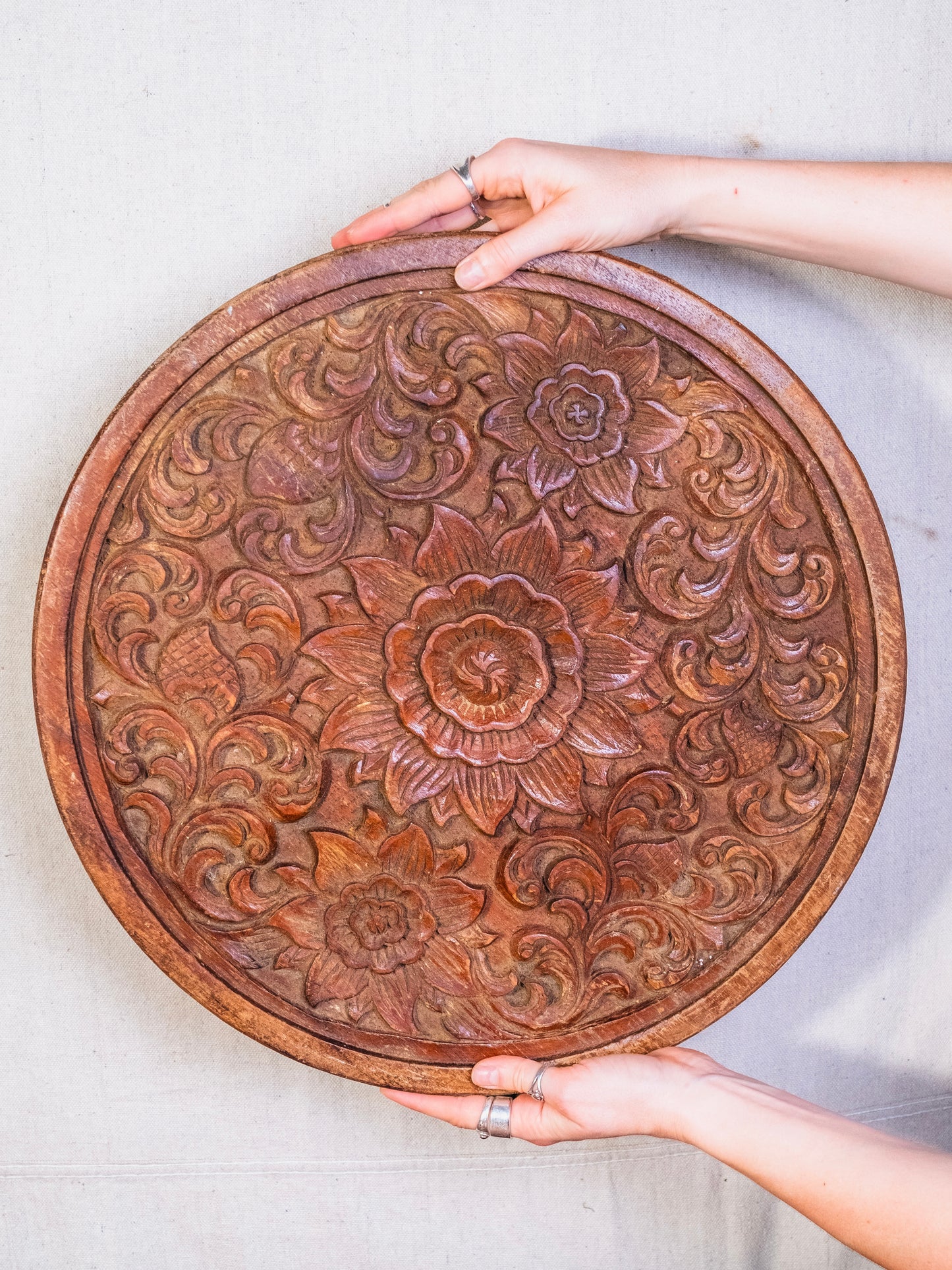 Vintage 1960s Round Ornate Wood-Carved Chess Board