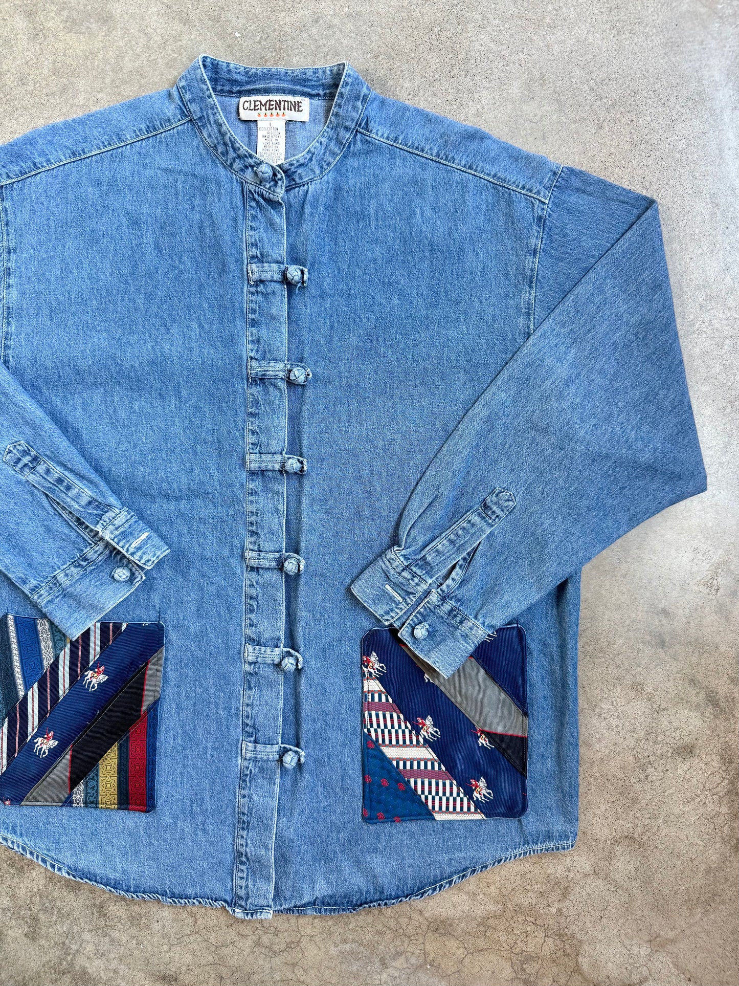 Vintage 1990s Clementine Tie Patchwork Pocket Denim Shirt | Large