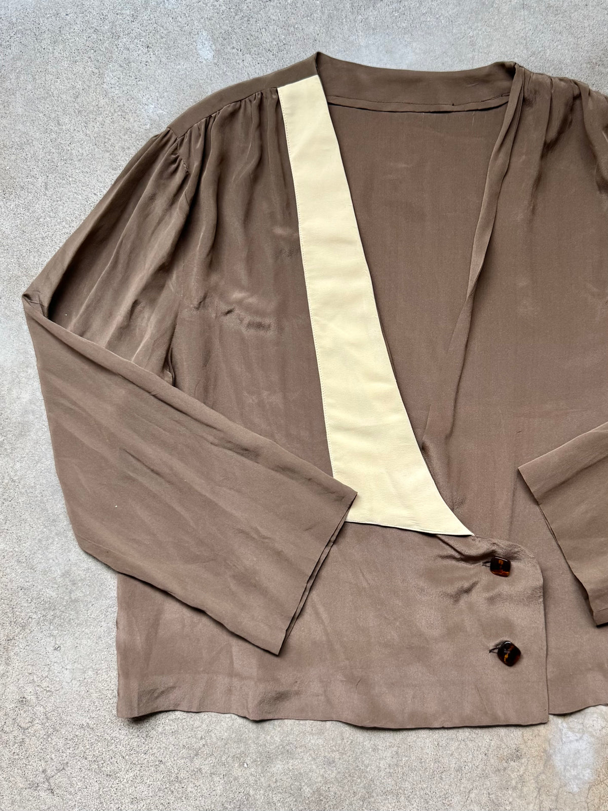 Vintage Handmade Brown & Cream Contrast Lapel Silk Blouse | Large