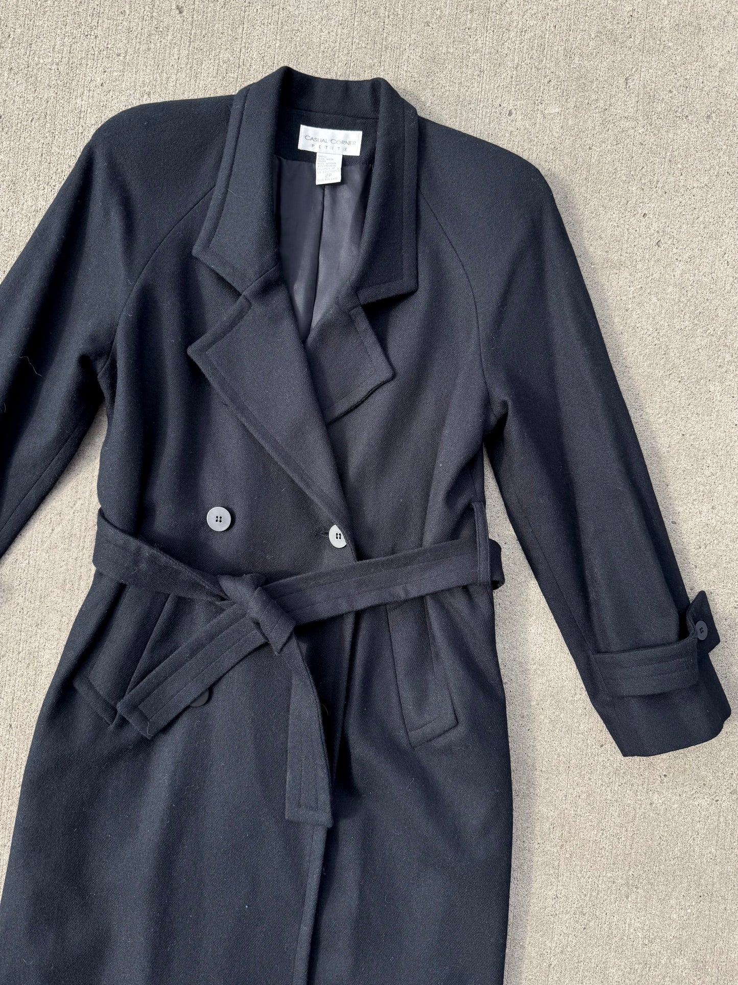Vintage 1990s Casual Corner Black 100% Wool Belted Trench Coat | XS