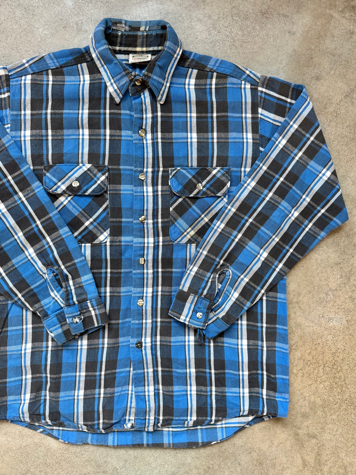 Vintage 1990s Five Brother Distressed Blue Plaid Cotton Flannel Shirt | Large