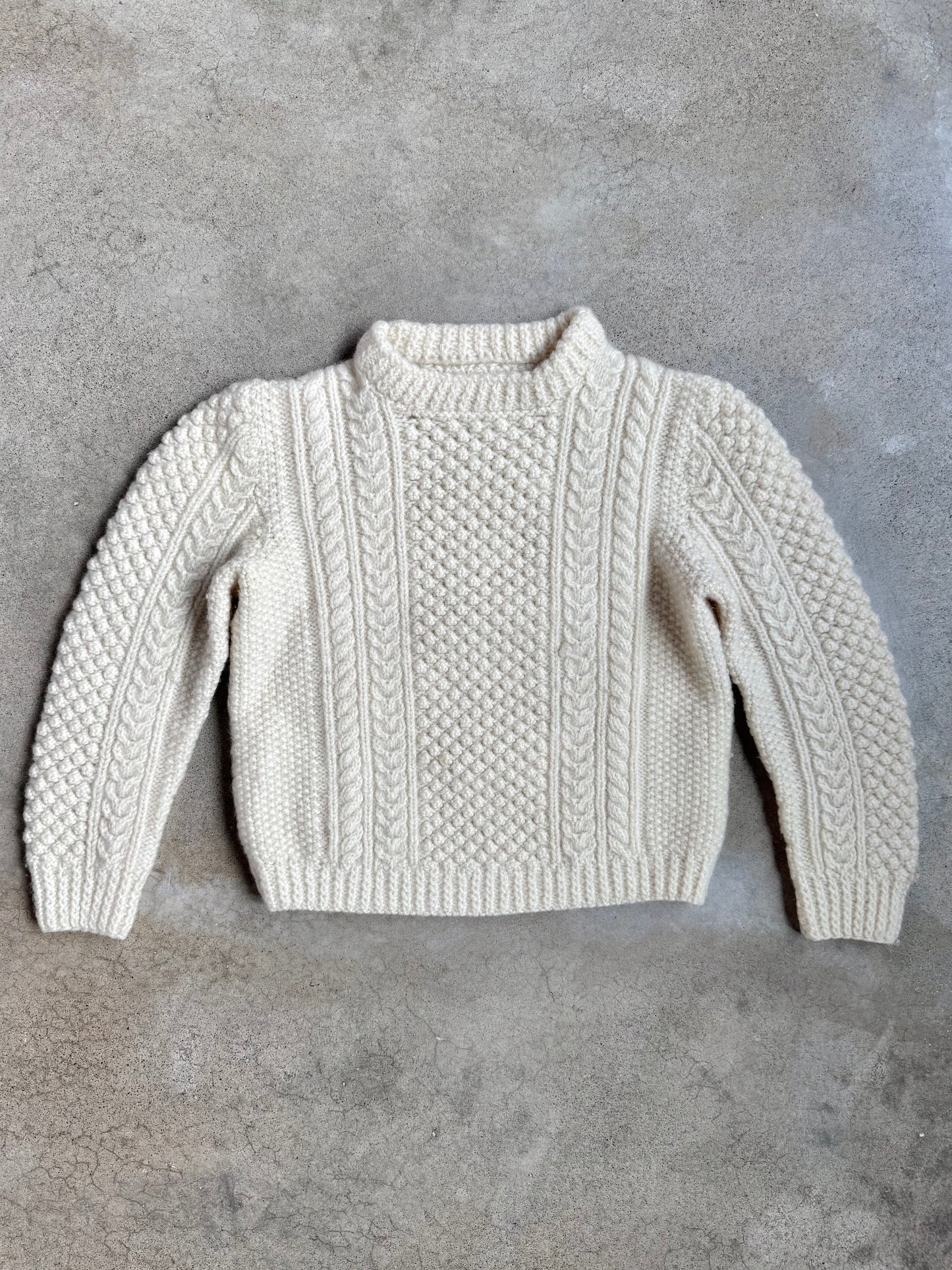 Vintage 1960s Handmade Cream Wool Irish Aran Knit Sweater | Youth L